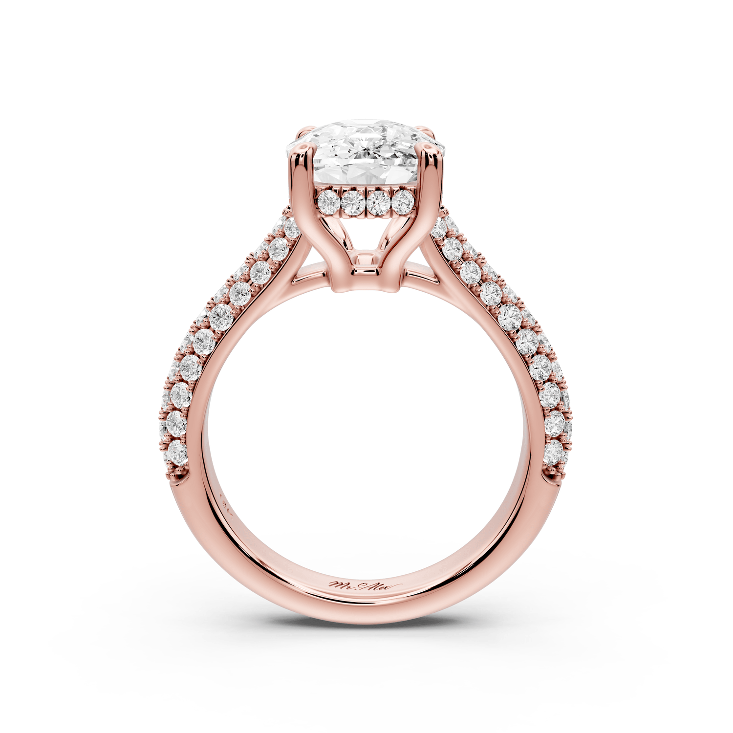 Camille - 4ct 14k rose gold ecushion Diamond hidden halo rollover pave cathedral engagement ring - Mr. Alex Jewelry