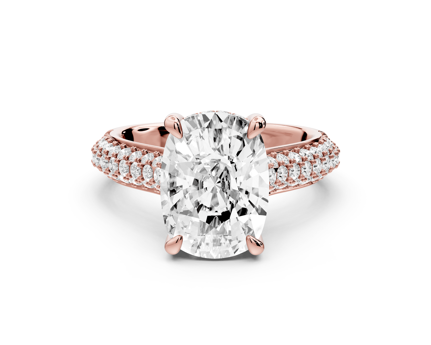 Camille - 4ct 14k rose gold ecushion Diamond hidden halo rollover pave cathedral engagement ring - Mr. Alex Jewelry