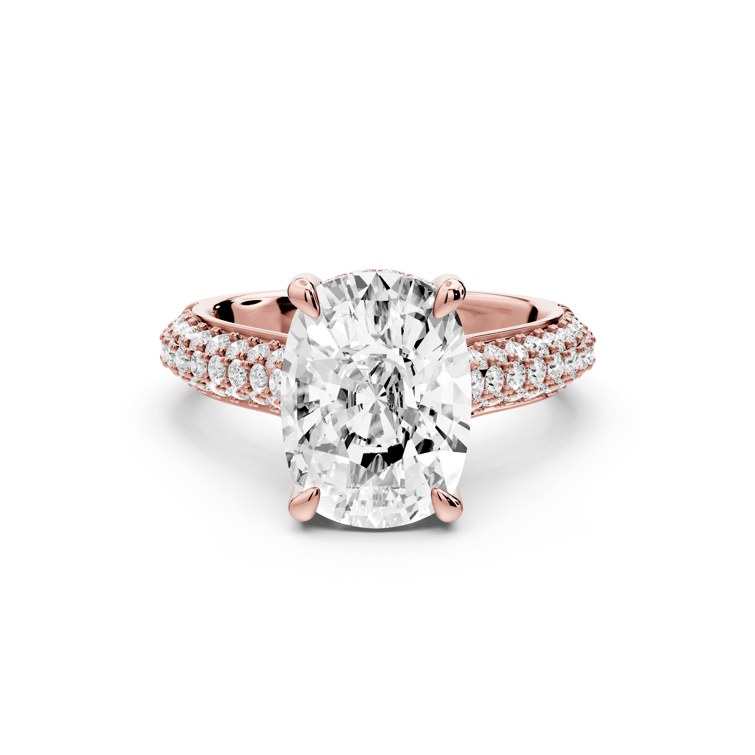 Camille - 4ct 14k rose gold ecushion Diamond hidden halo rollover pave cathedral engagement ring - Mr. Alex Jewelry