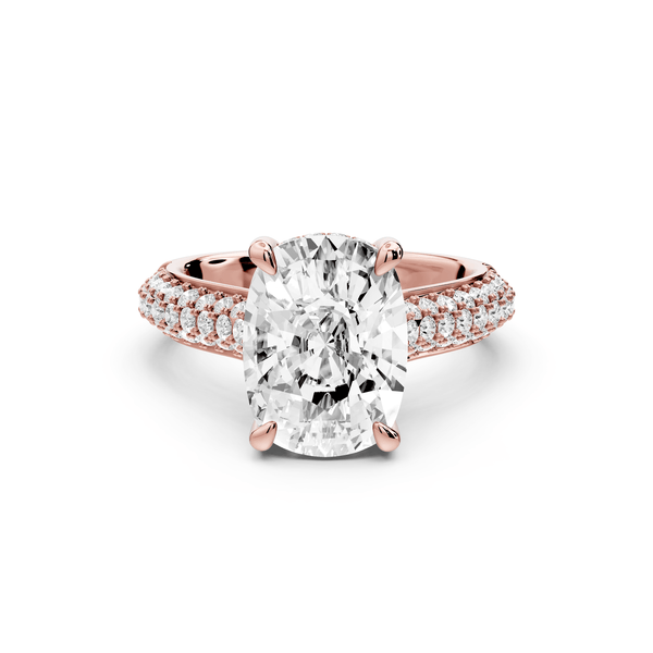 Camille - 4ct 14k rose gold ecushion Diamond hidden halo rollover pave cathedral engagement ring - Mr. Alex Jewelry