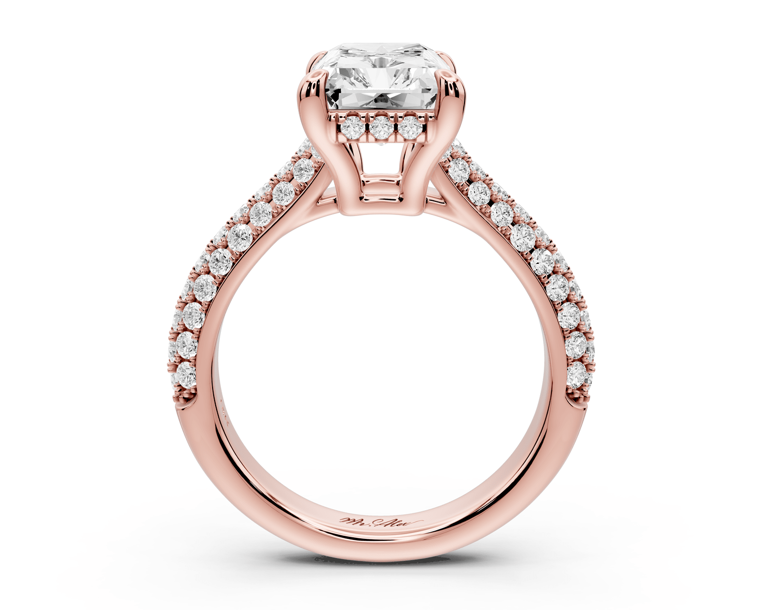 Camille - 4ct 14k rose gold radiant Diamond hidden halo rollover pave cathedral engagement ring - Mr. Alex Jewelry