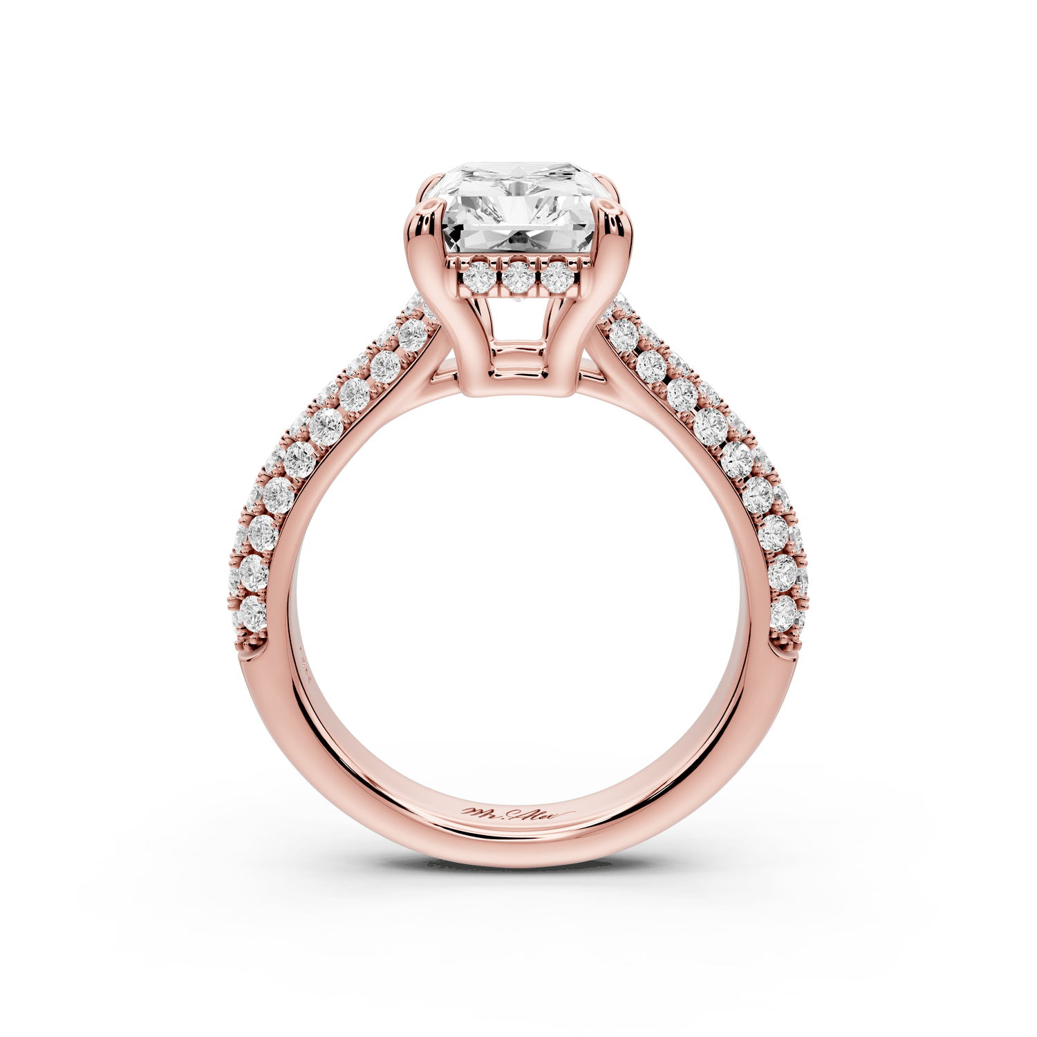 Camille - 4ct 14k rose gold radiant Diamond hidden halo rollover pave cathedral engagement ring - Mr. Alex Jewelry