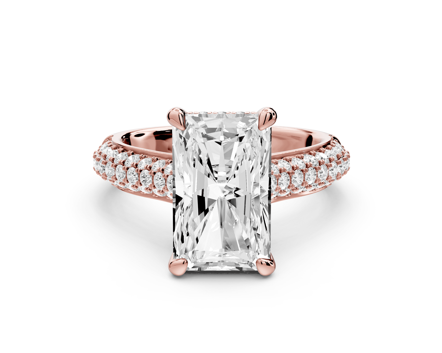 Camille - 4ct 14k rose gold radiant Diamond hidden halo rollover pave cathedral engagement ring - Mr. Alex Jewelry