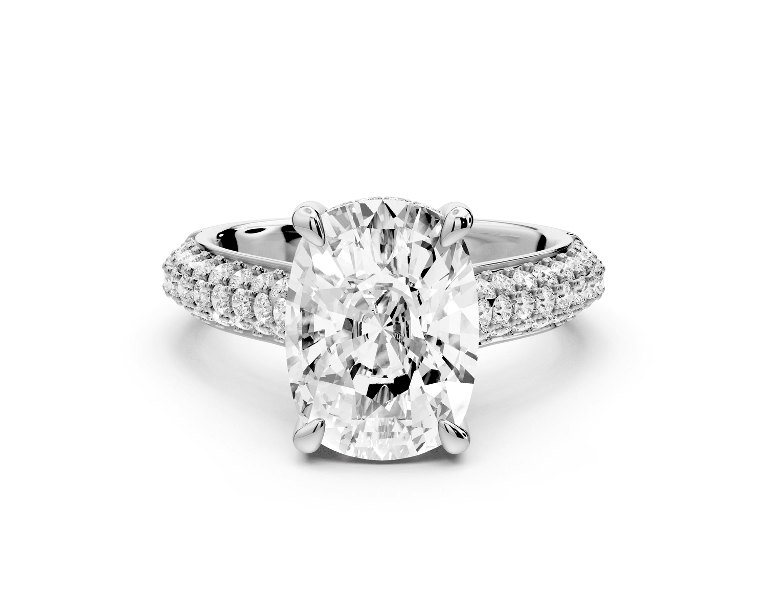 Camille - 4ct 14k white gold ecushion Diamond hidden halo rollover pave cathedral engagement ring - Mr. Alex Jewelry