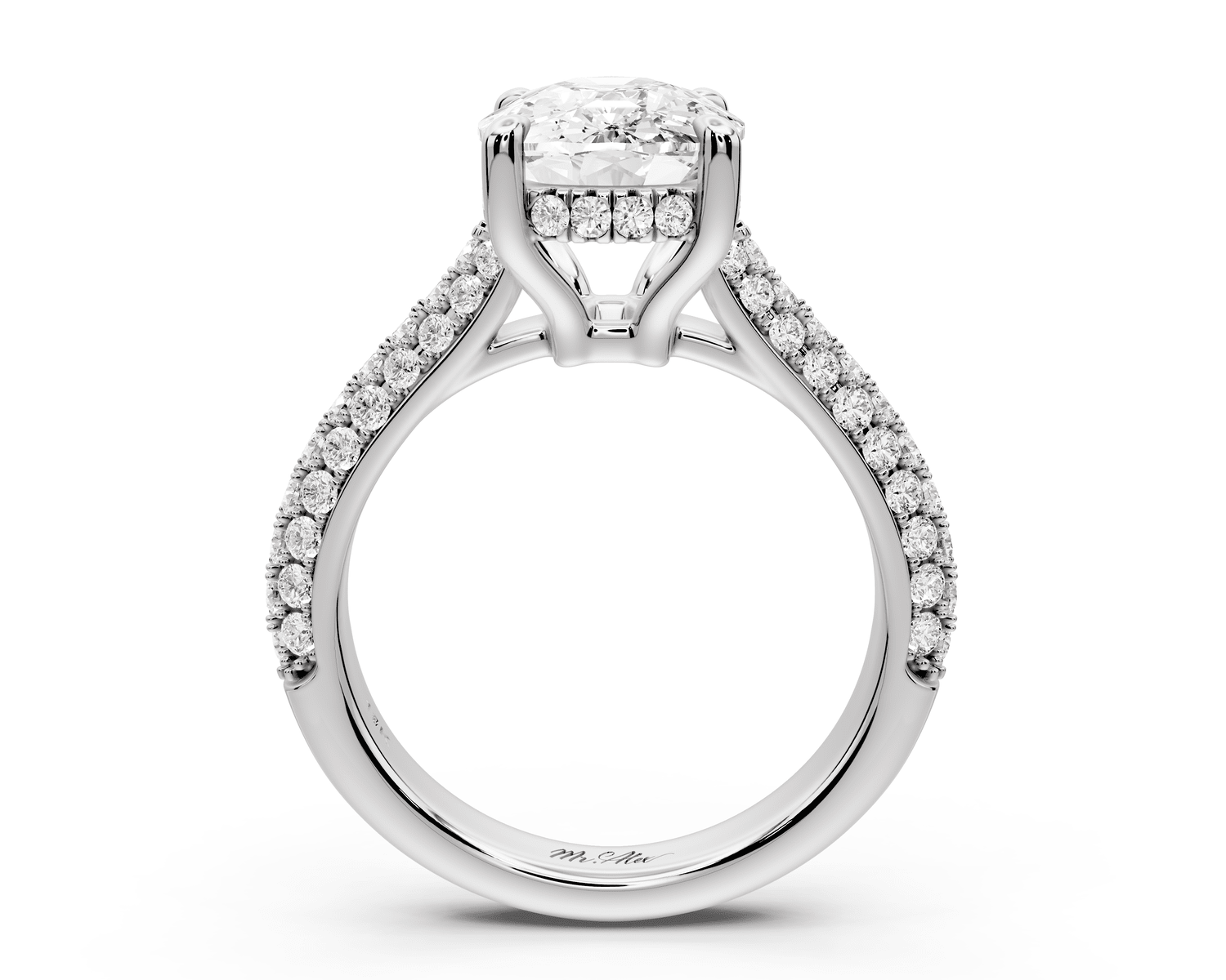 Camille - 4ct 14k white gold ecushion Diamond hidden halo rollover pave cathedral engagement ring - Mr. Alex Jewelry