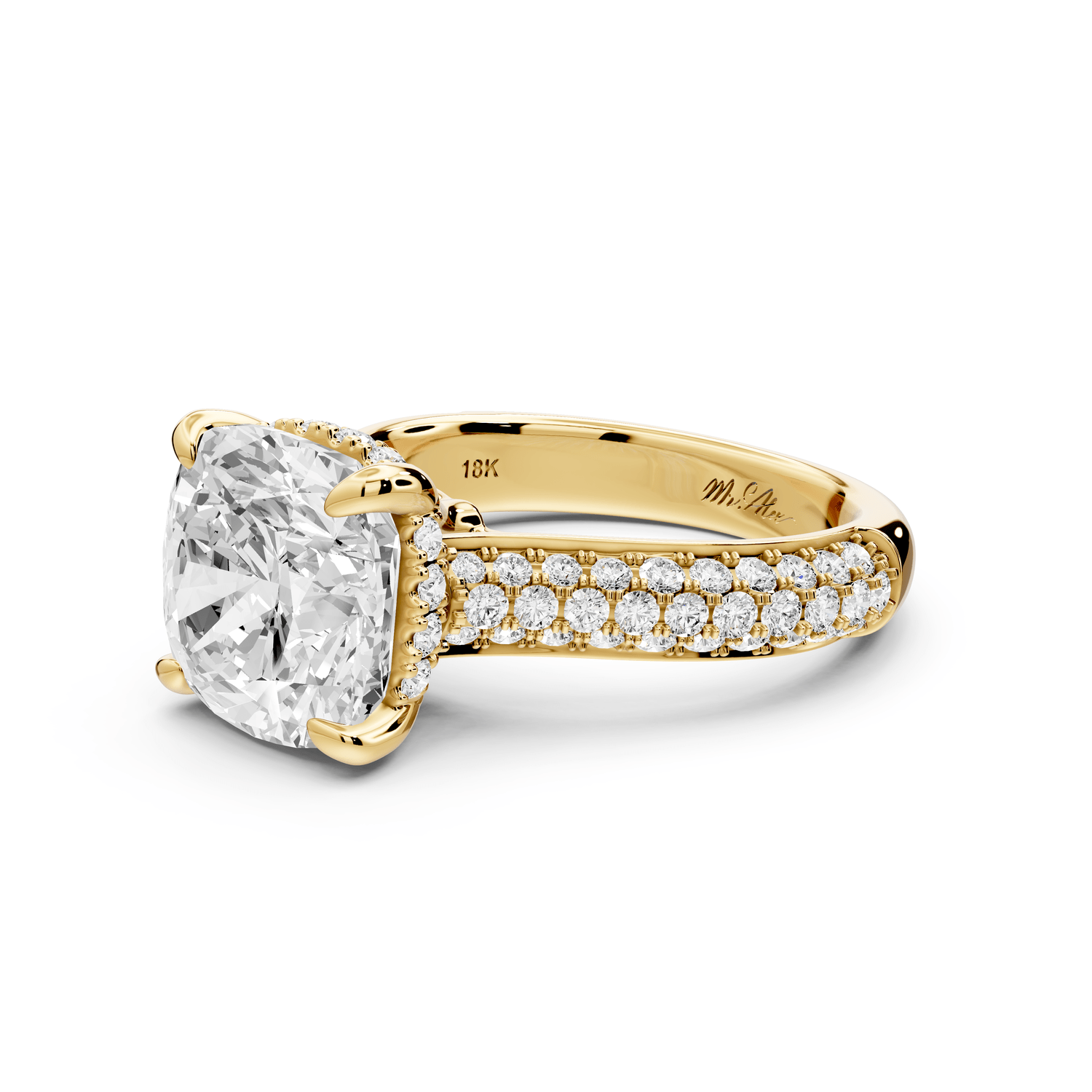 Camille - 4ct 14k yellow gold cushion Diamond hidden halo rollover pave cathedral engagement ring - Mr. Alex Jewelry