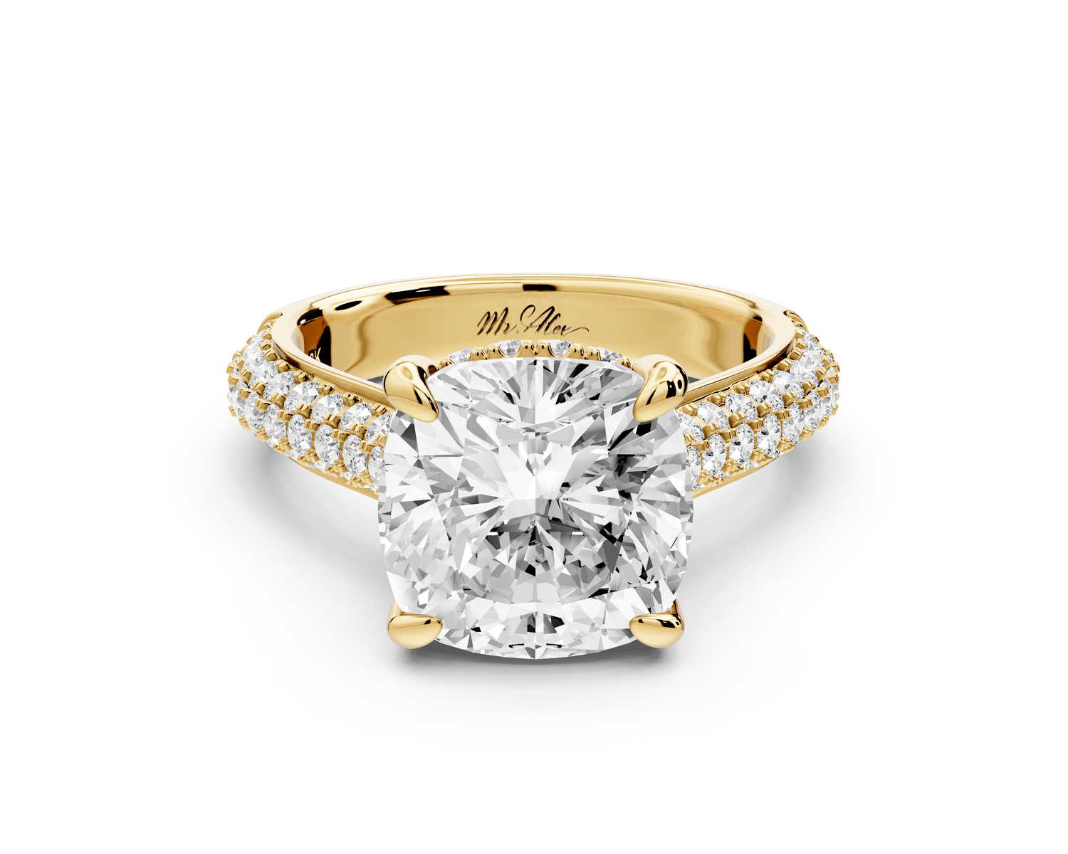 Camille - 4ct 14k yellow gold cushion Diamond hidden halo rollover pave cathedral engagement ring - Mr. Alex Jewelry