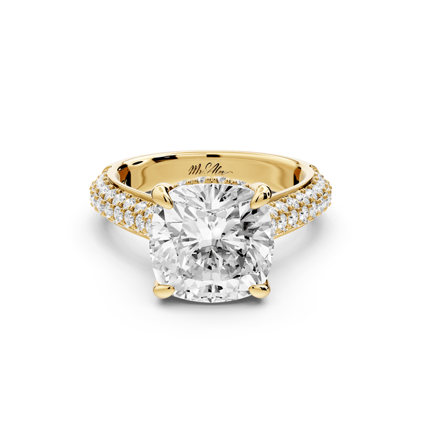 Camille - 4ct 14k yellow gold cushion Diamond hidden halo rollover pave cathedral engagement ring - Mr. Alex Jewelry