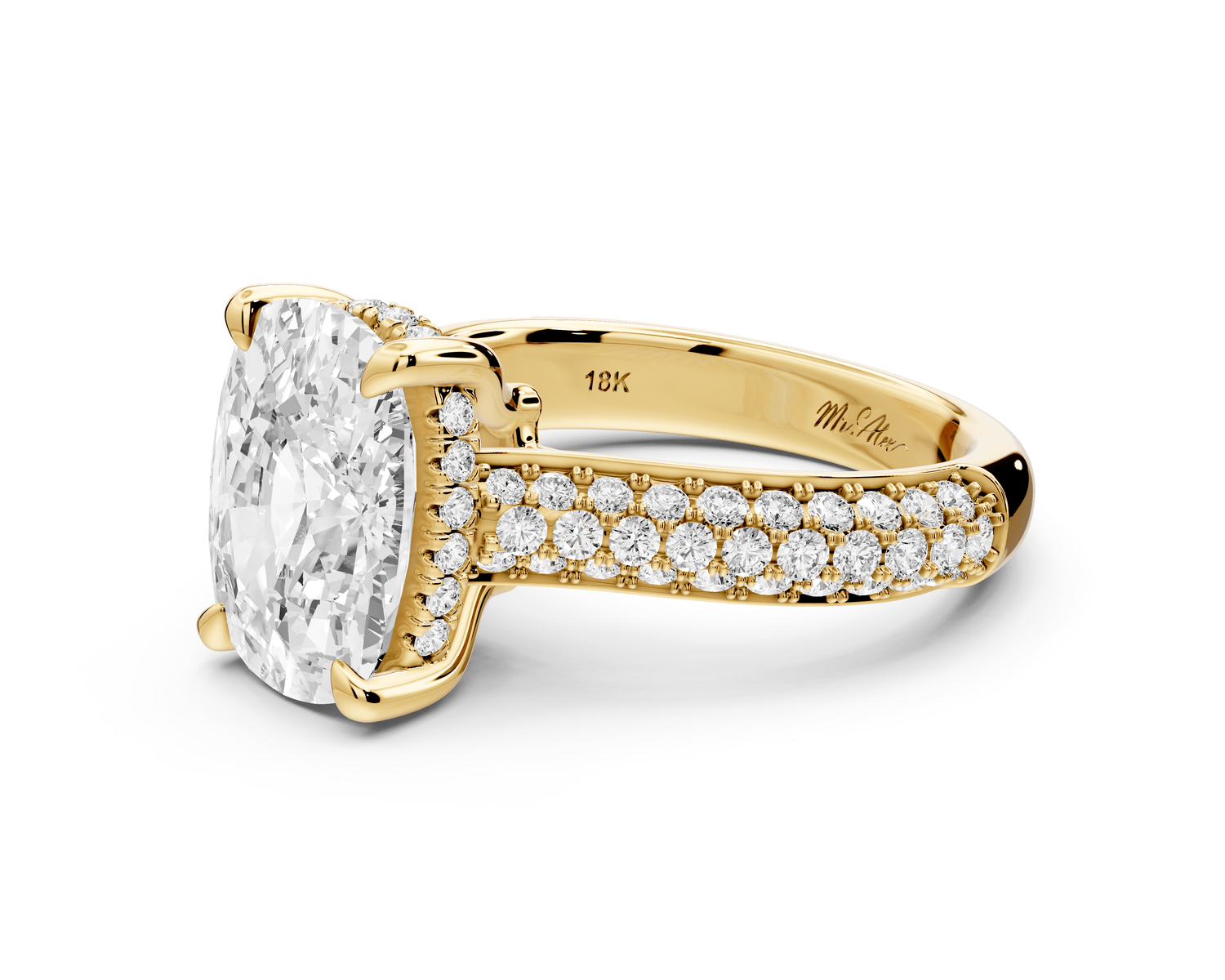 Camille - 4ct 14k yellow gold ecushion Diamond hidden halo rollover pave cathedral engagement ring - Mr. Alex Jewelry