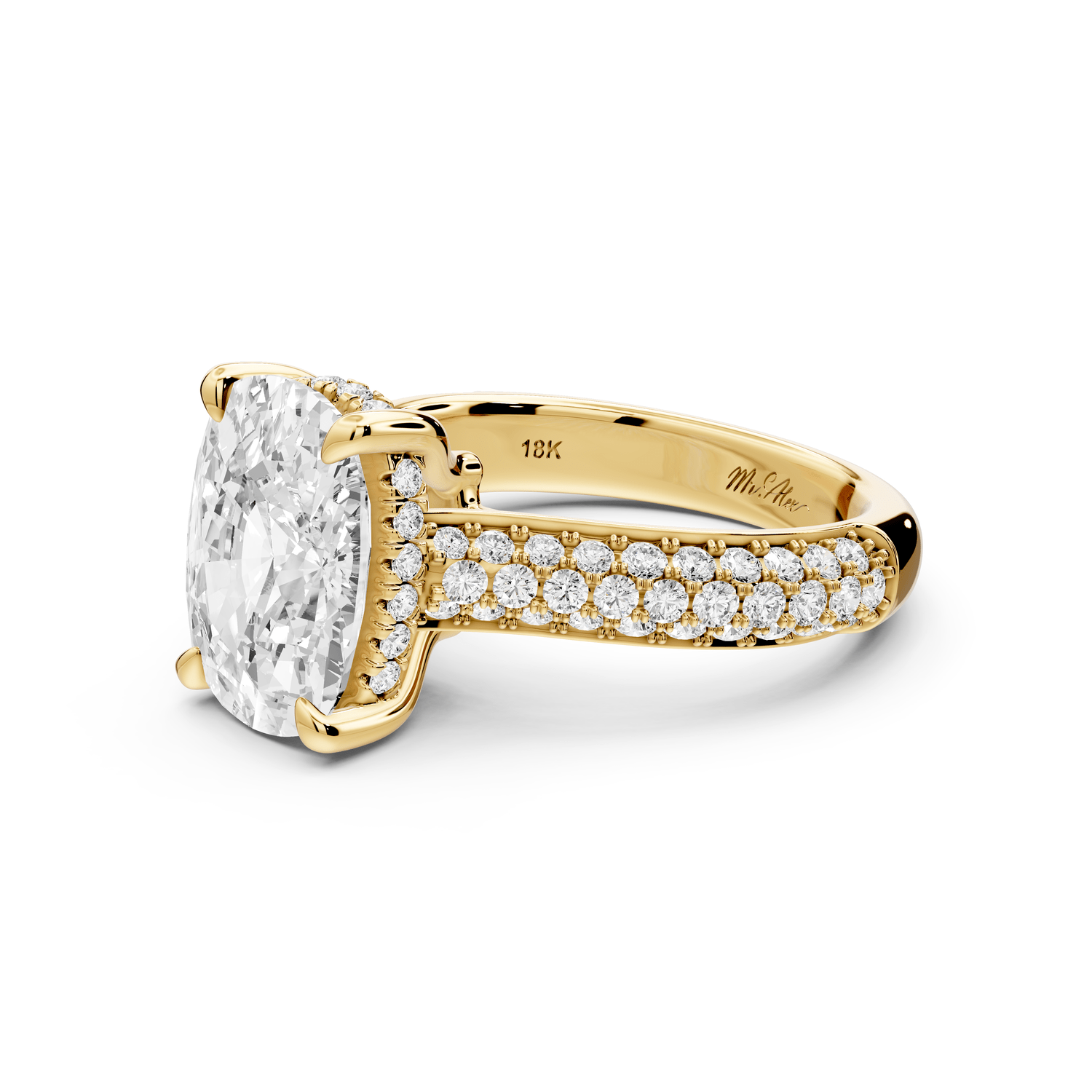 Camille - 4ct 14k yellow gold ecushion Diamond hidden halo rollover pave cathedral engagement ring - Mr. Alex Jewelry