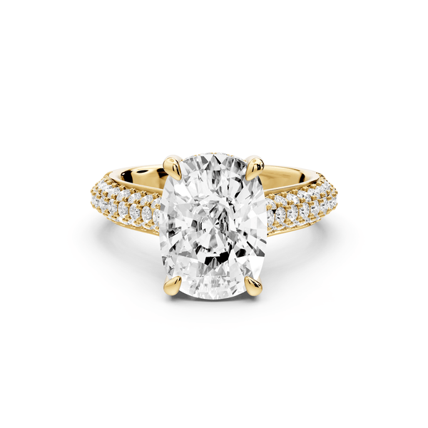 Camille - 4ct 14k yellow gold ecushion Diamond hidden halo rollover pave cathedral engagement ring - Mr. Alex Jewelry