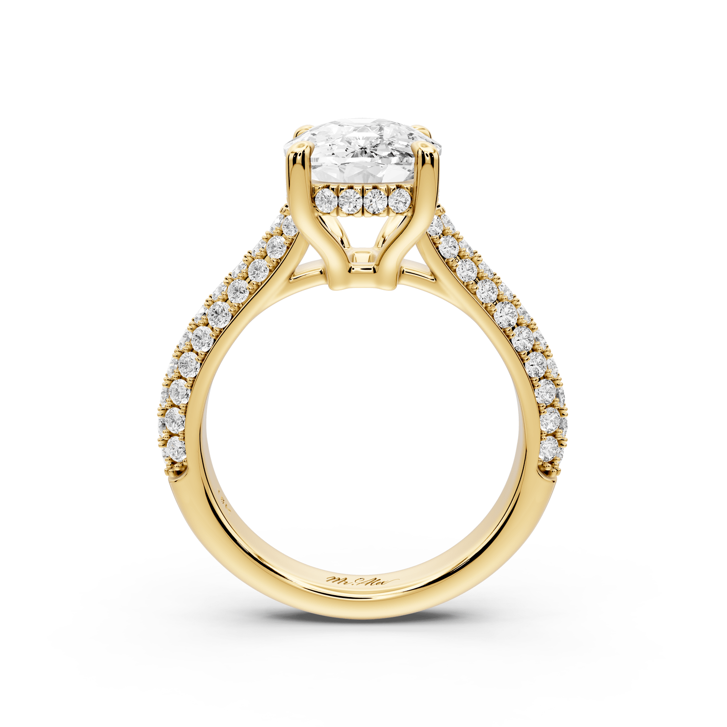 Camille - 4ct 14k yellow gold ecushion Diamond hidden halo rollover pave cathedral engagement ring - Mr. Alex Jewelry