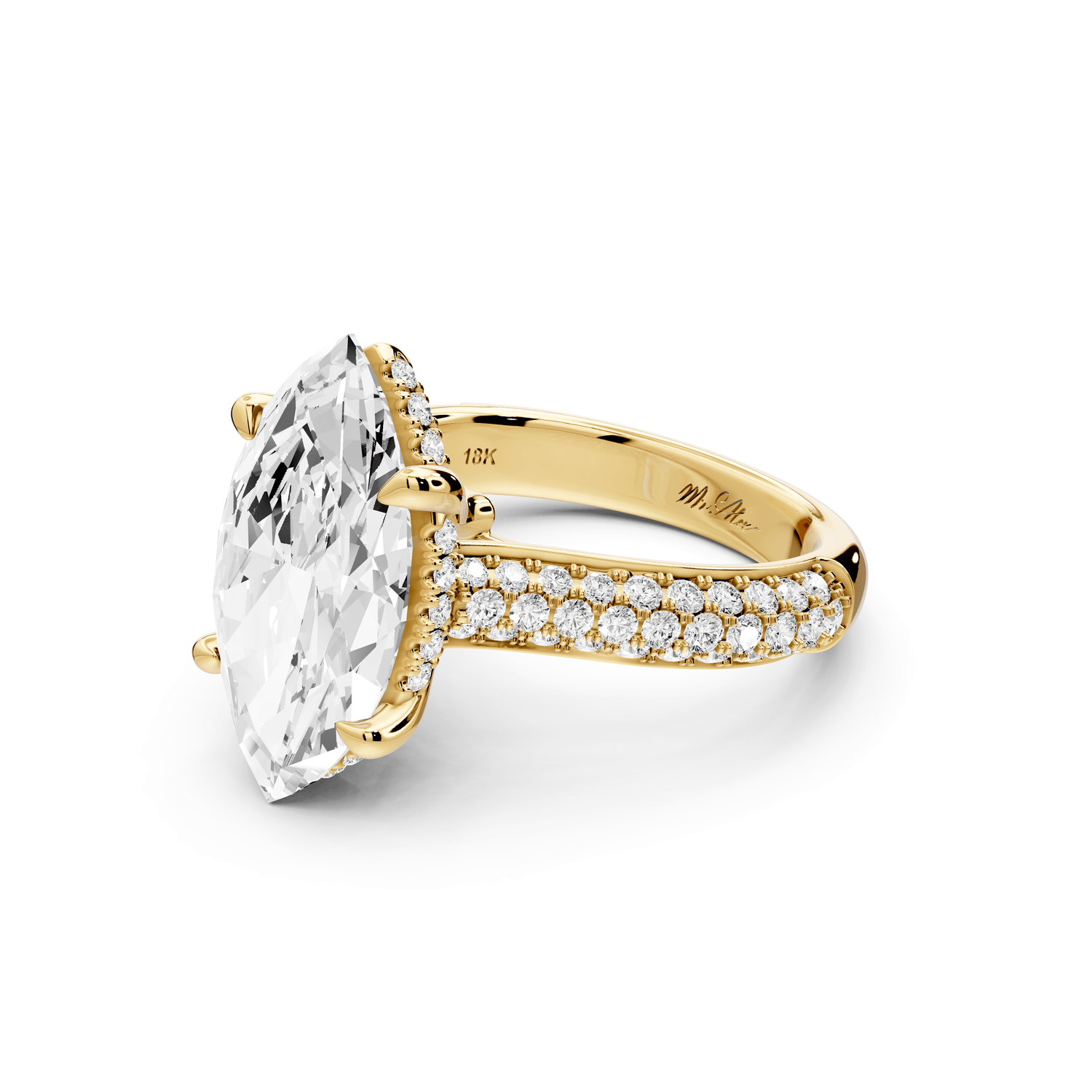 Camille - 4ct 14k yellow gold marquise Diamond hidden halo rollover pave cathedral engagement ring - Mr. Alex Jewelry