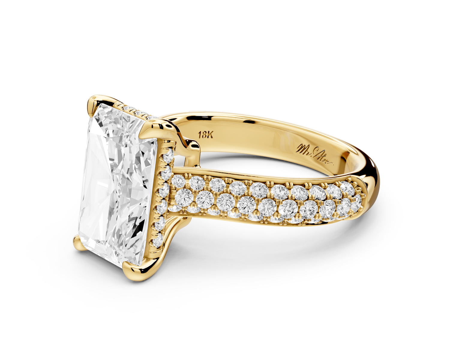 Camille - 4ct 14k yellow gold radiant Diamond hidden halo rollover pave cathedral engagement ring - Mr. Alex Jewelry