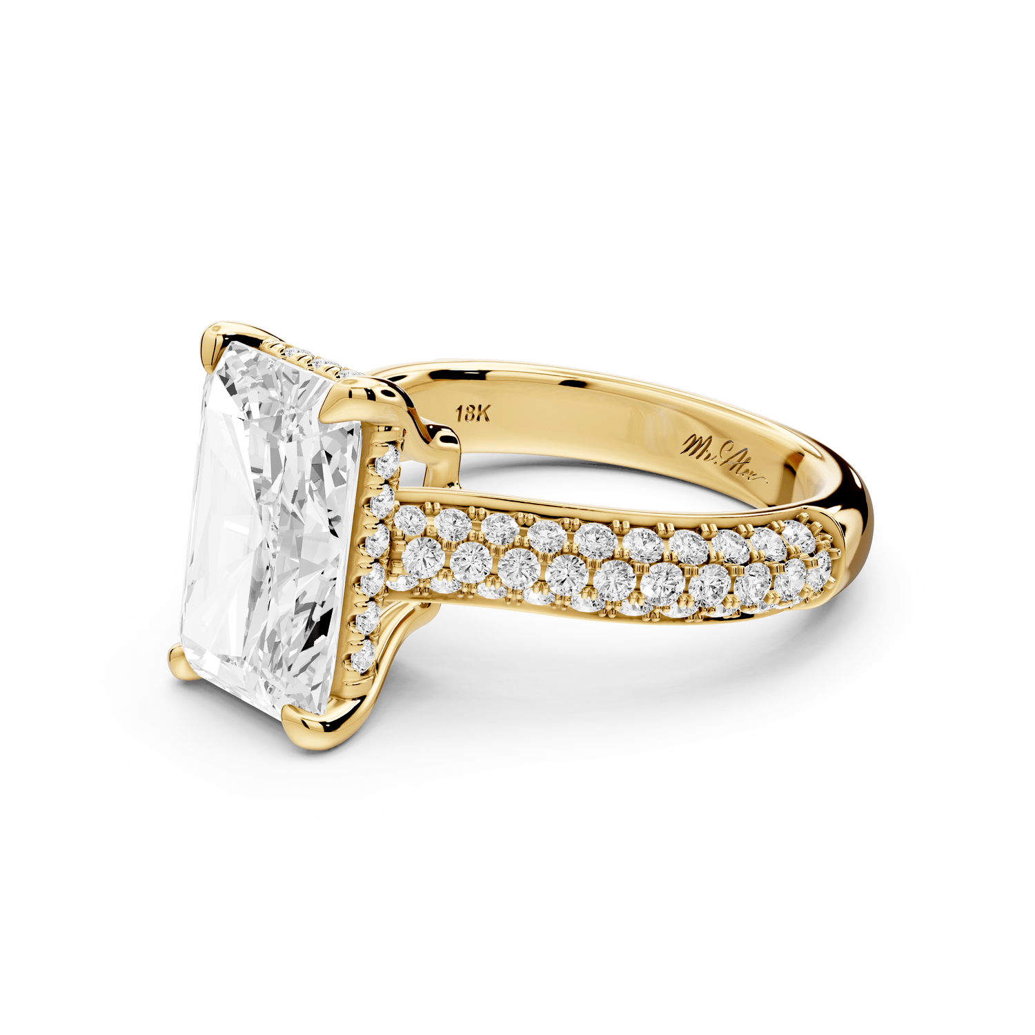 Camille - 4ct 14k yellow gold radiant Diamond hidden halo rollover pave cathedral engagement ring - Mr. Alex Jewelry