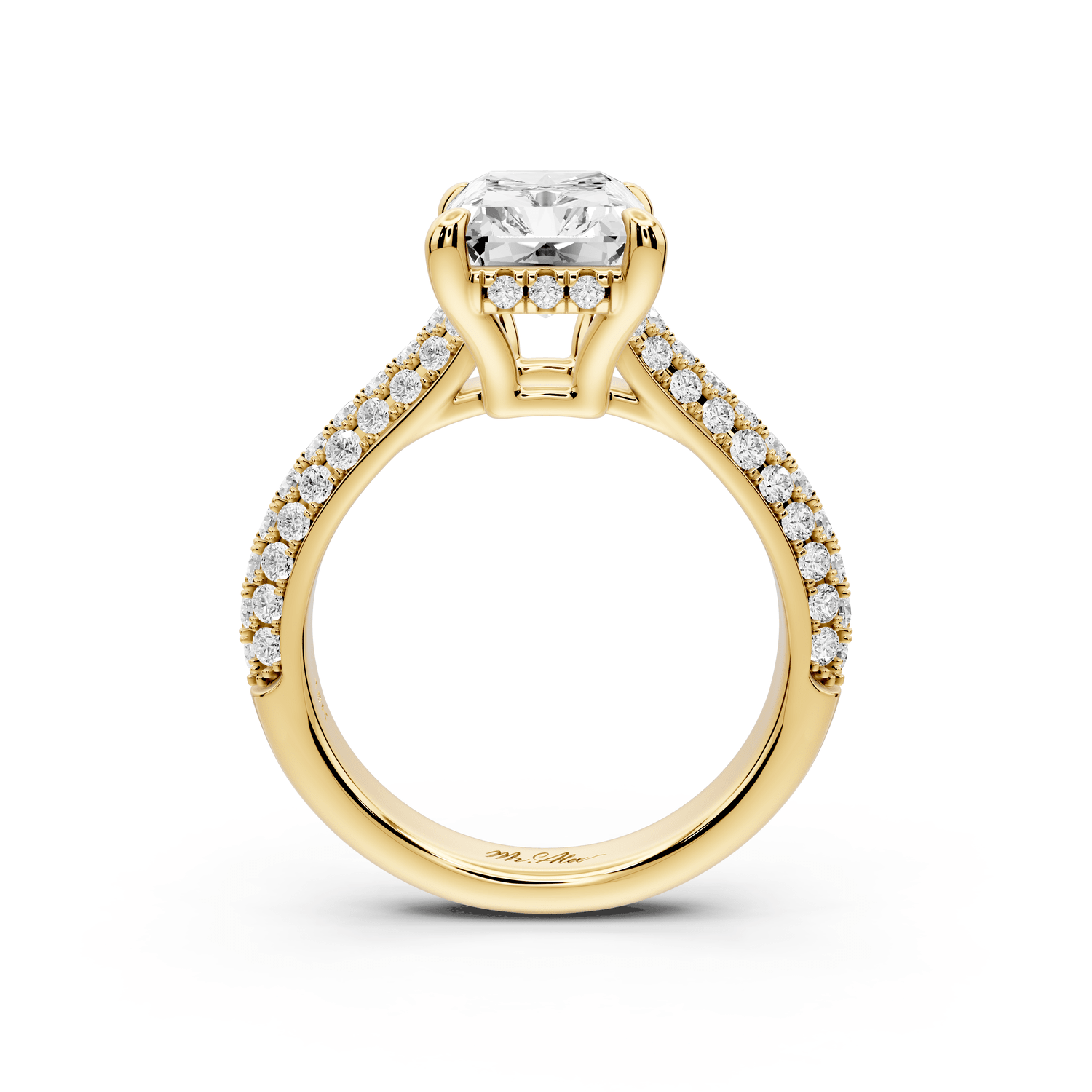 Camille - 4ct 14k yellow gold radiant Diamond hidden halo rollover pave cathedral engagement ring - Mr. Alex Jewelry