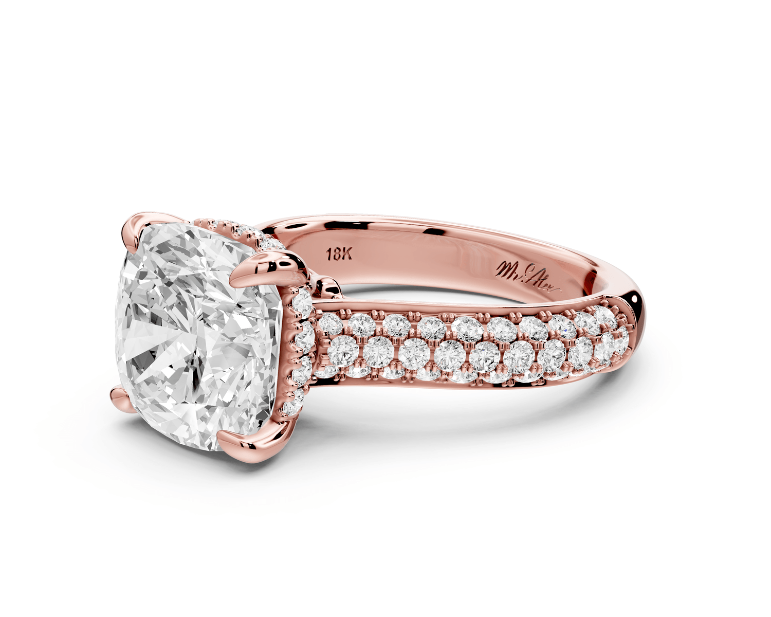 Camille - 4ct 18k rose gold cushion Diamond hidden halo rollover pave cathedral engagement ring - Mr. Alex Jewelry