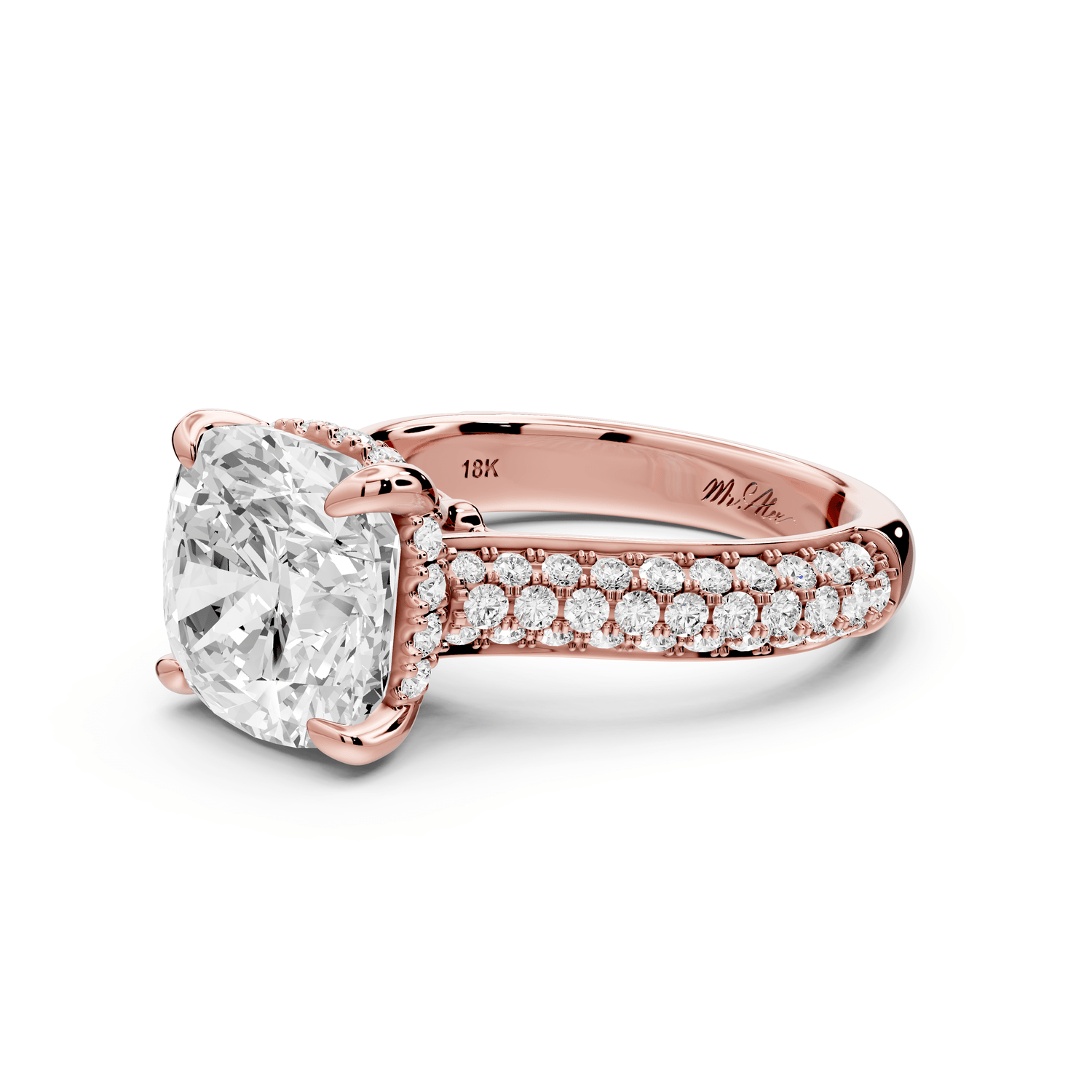 Camille - 4ct 18k rose gold cushion Diamond hidden halo rollover pave cathedral engagement ring - Mr. Alex Jewelry