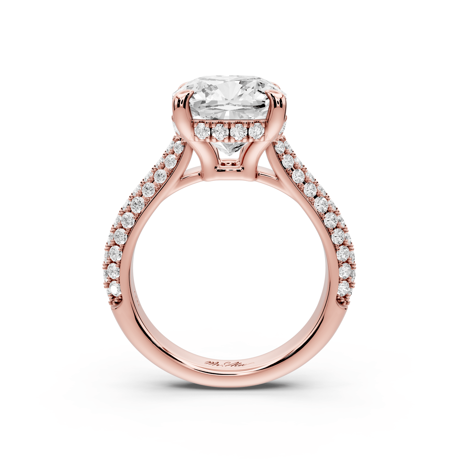 Camille - 4ct 18k rose gold cushion Diamond hidden halo rollover pave cathedral engagement ring - Mr. Alex Jewelry