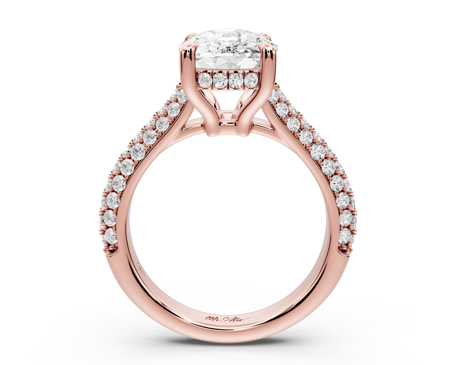Camille - 4ct 18k rose gold ecushion Diamond hidden halo rollover pave cathedral engagement ring - Mr. Alex Jewelry