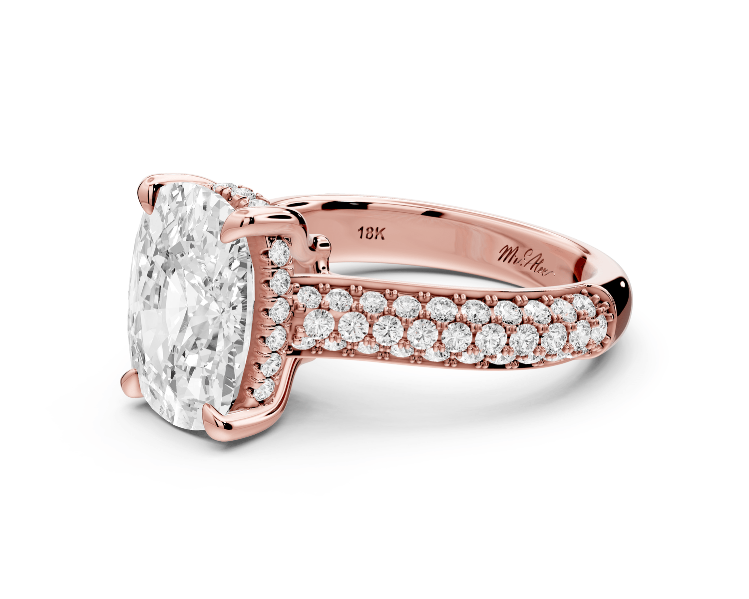 Camille - 4ct 18k rose gold ecushion Diamond hidden halo rollover pave cathedral engagement ring - Mr. Alex Jewelry