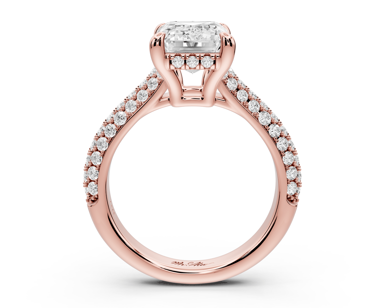 Camille - 4ct 18k rose gold emerald Diamond hidden halo rollover pave cathedral Engagement ring - Mr. Alex Jewelry
