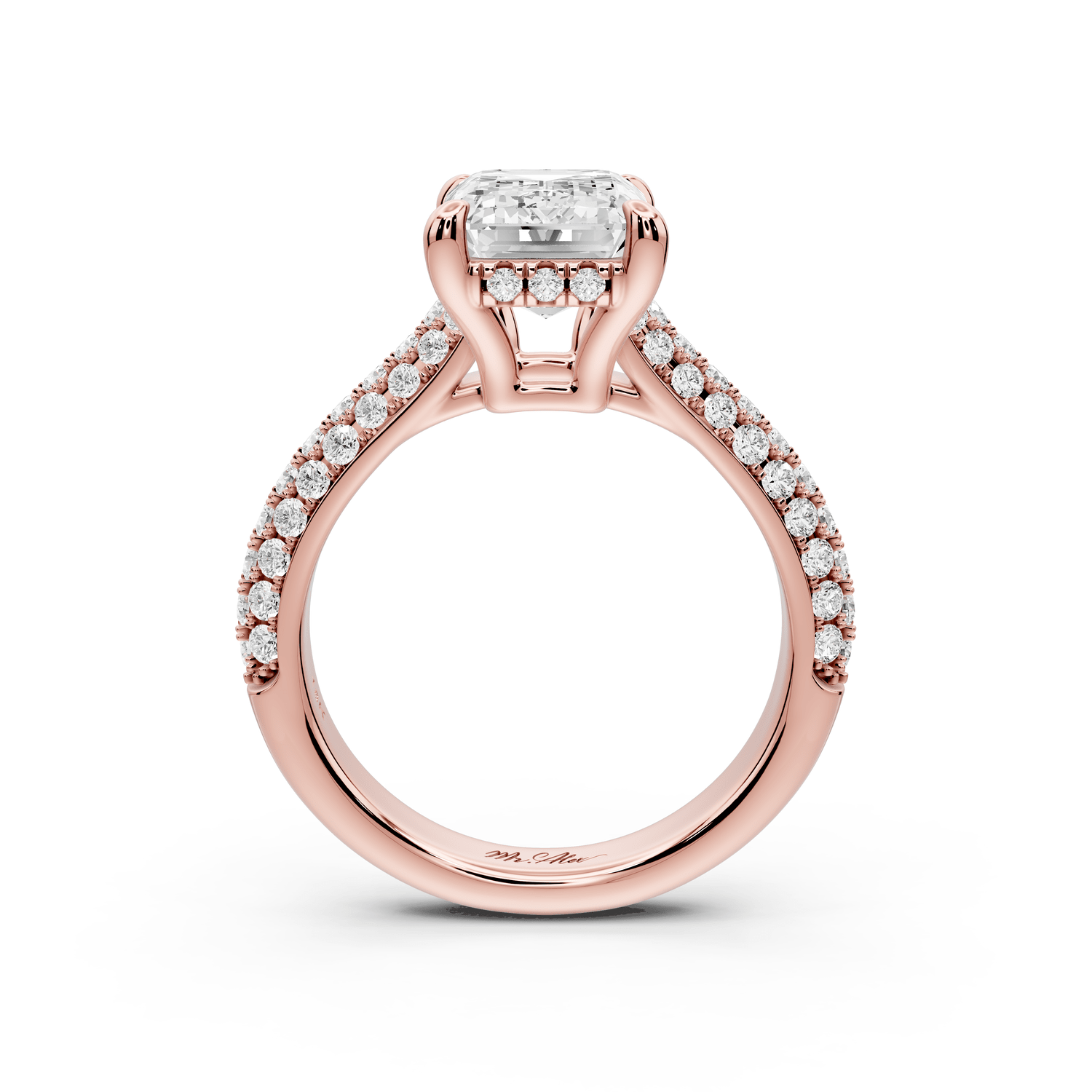 Camille - 4ct 18k rose gold emerald Diamond hidden halo rollover pave cathedral Engagement ring - Mr. Alex Jewelry