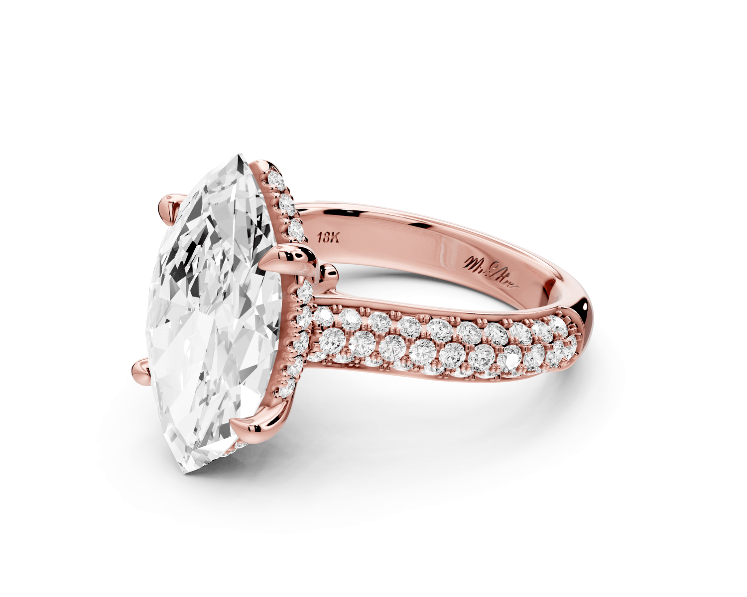 Camille - 4ct 18k rose gold marquise Diamond hidden halo rollover pave cathedral engagement ring - Mr. Alex Jewelry