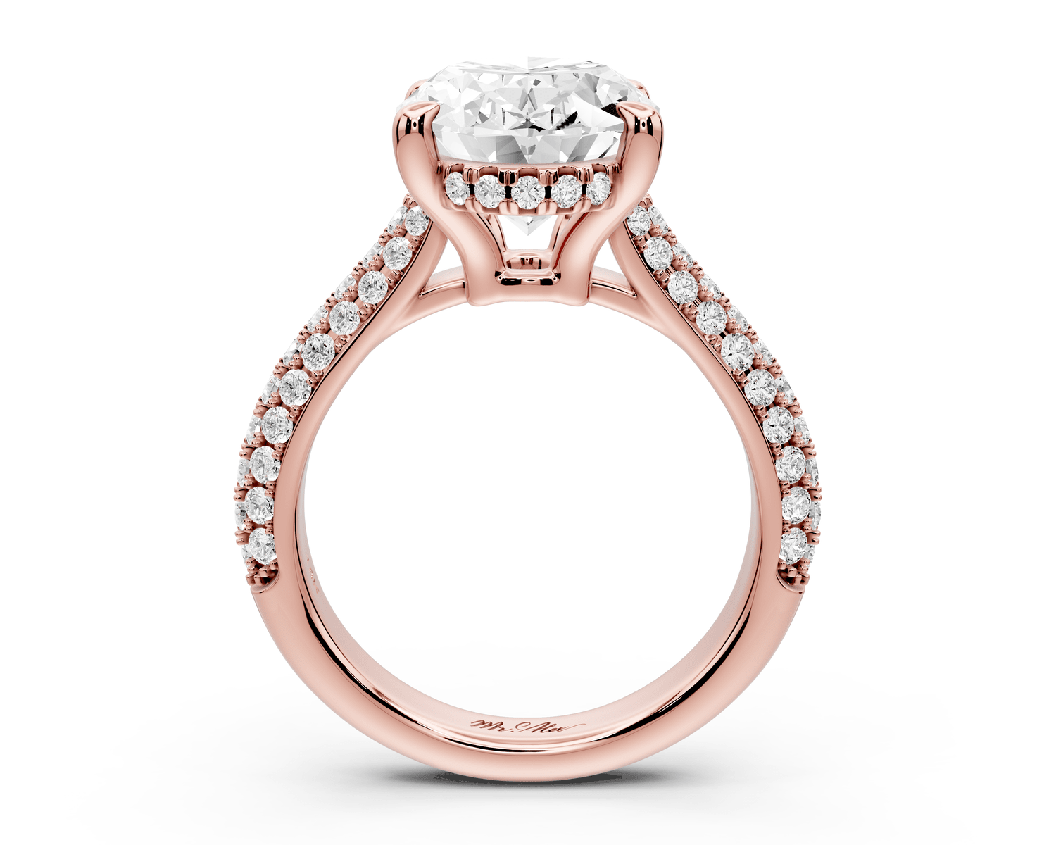 Camille - 4ct 18k rose gold oval Diamond hidden halo rollover pave cathedral Engagement ring - Mr. Alex Jewelry