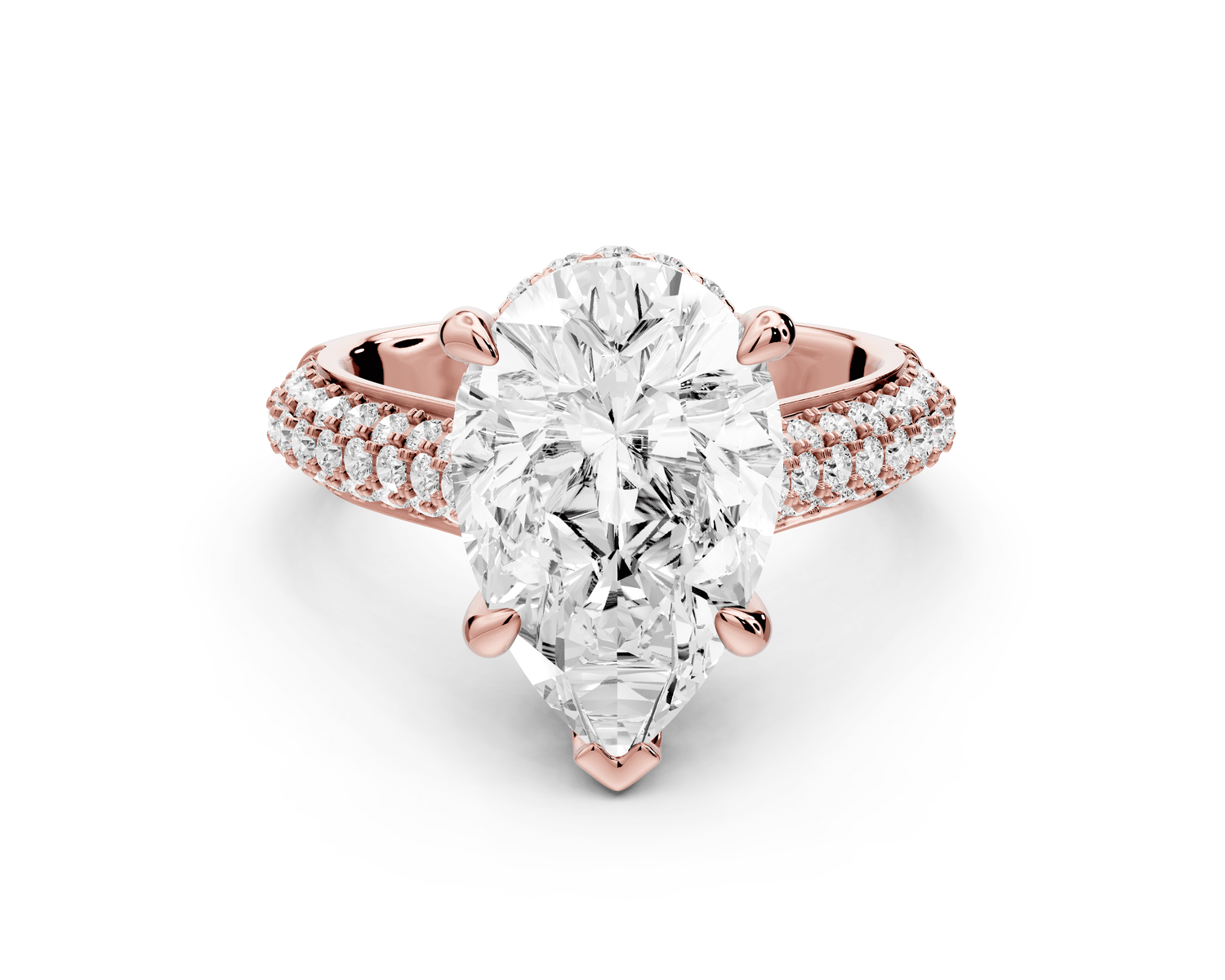 Camille - 4ct 18k rose gold pear Diamond hidden halo rollover pave cathedral Engagement ring - Mr. Alex Jewelry