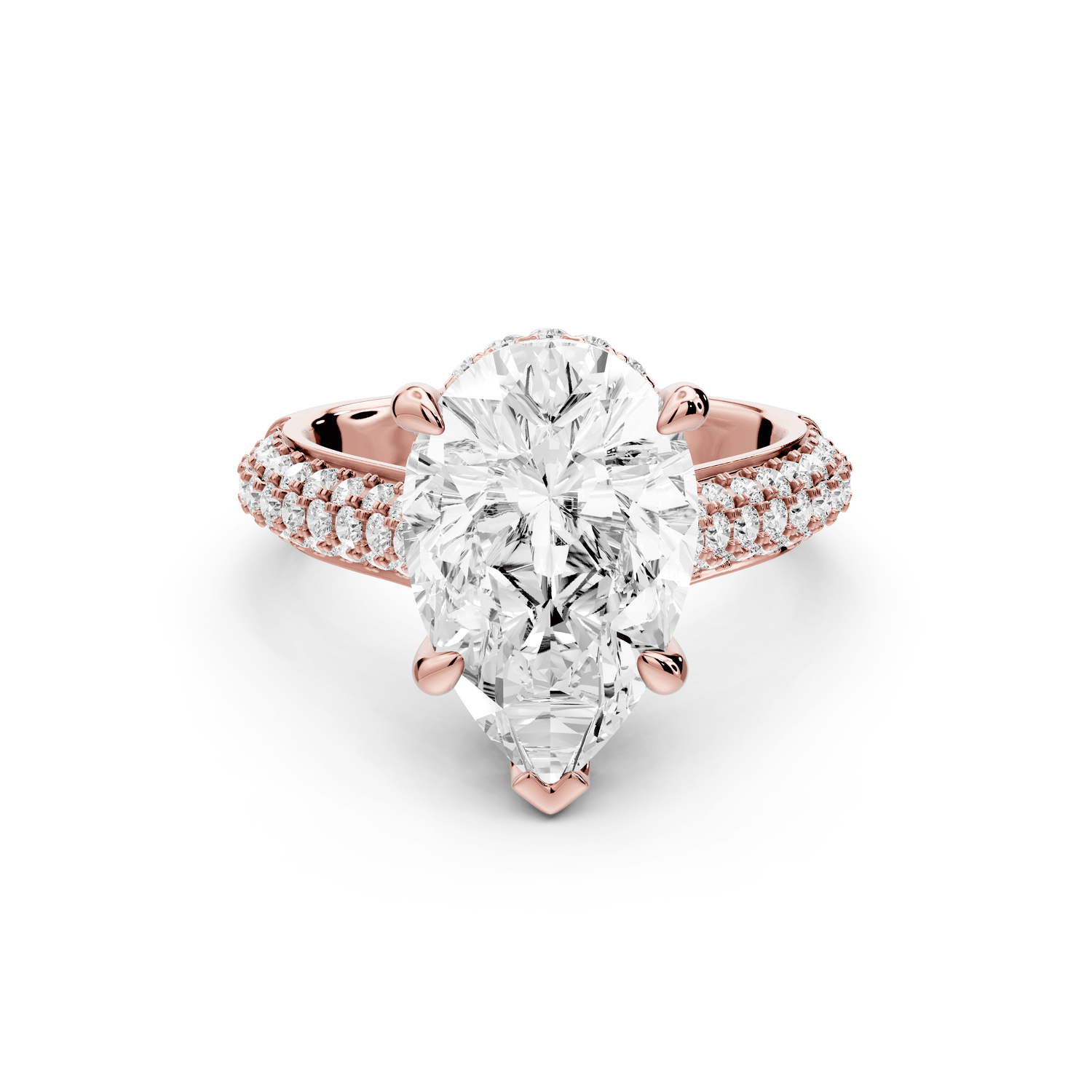 Camille - 4ct 18k rose gold pear Diamond hidden halo rollover pave cathedral Engagement ring - Mr. Alex Jewelry