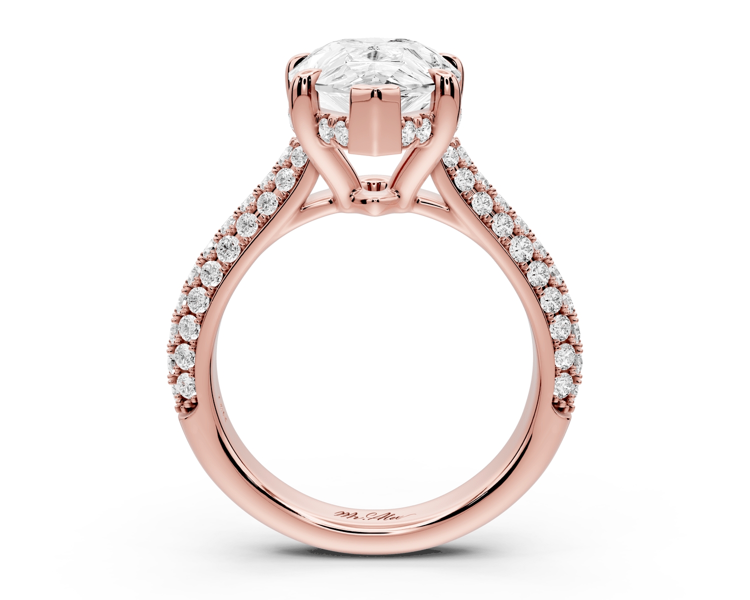 Camille - 4ct 18k rose gold pear Diamond hidden halo rollover pave cathedral Engagement ring - Mr. Alex Jewelry