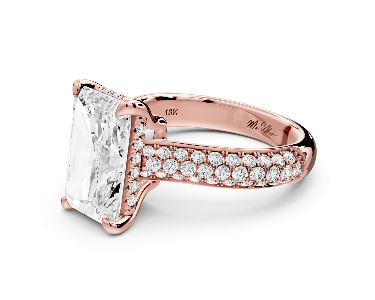 Camille - 4ct 18k rose gold radiant Diamond hidden halo rollover pave cathedral engagement ring - Mr. Alex Jewelry