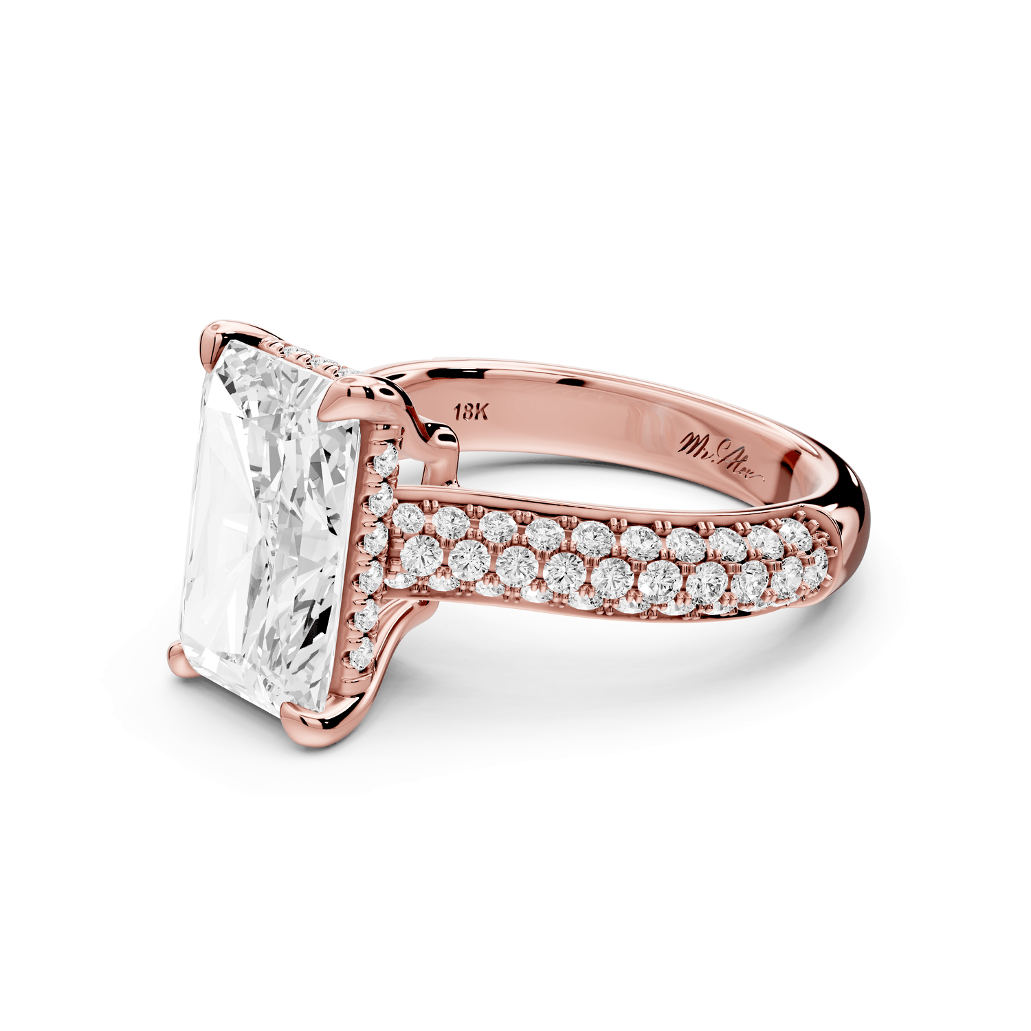 Camille - 4ct 18k rose gold radiant Diamond hidden halo rollover pave cathedral engagement ring - Mr. Alex Jewelry