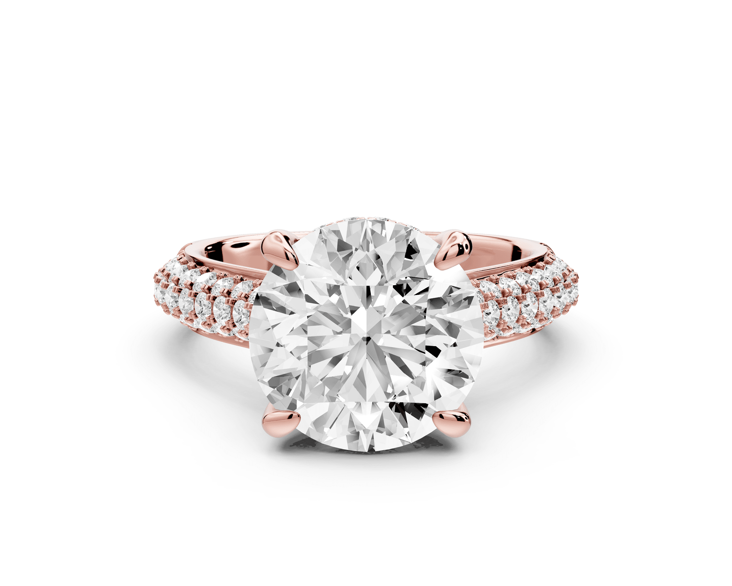 Camille - 4ct 18k rose gold round Diamond hidden halo rollover pave cathedral engagment ring - Mr. Alex Jewelry