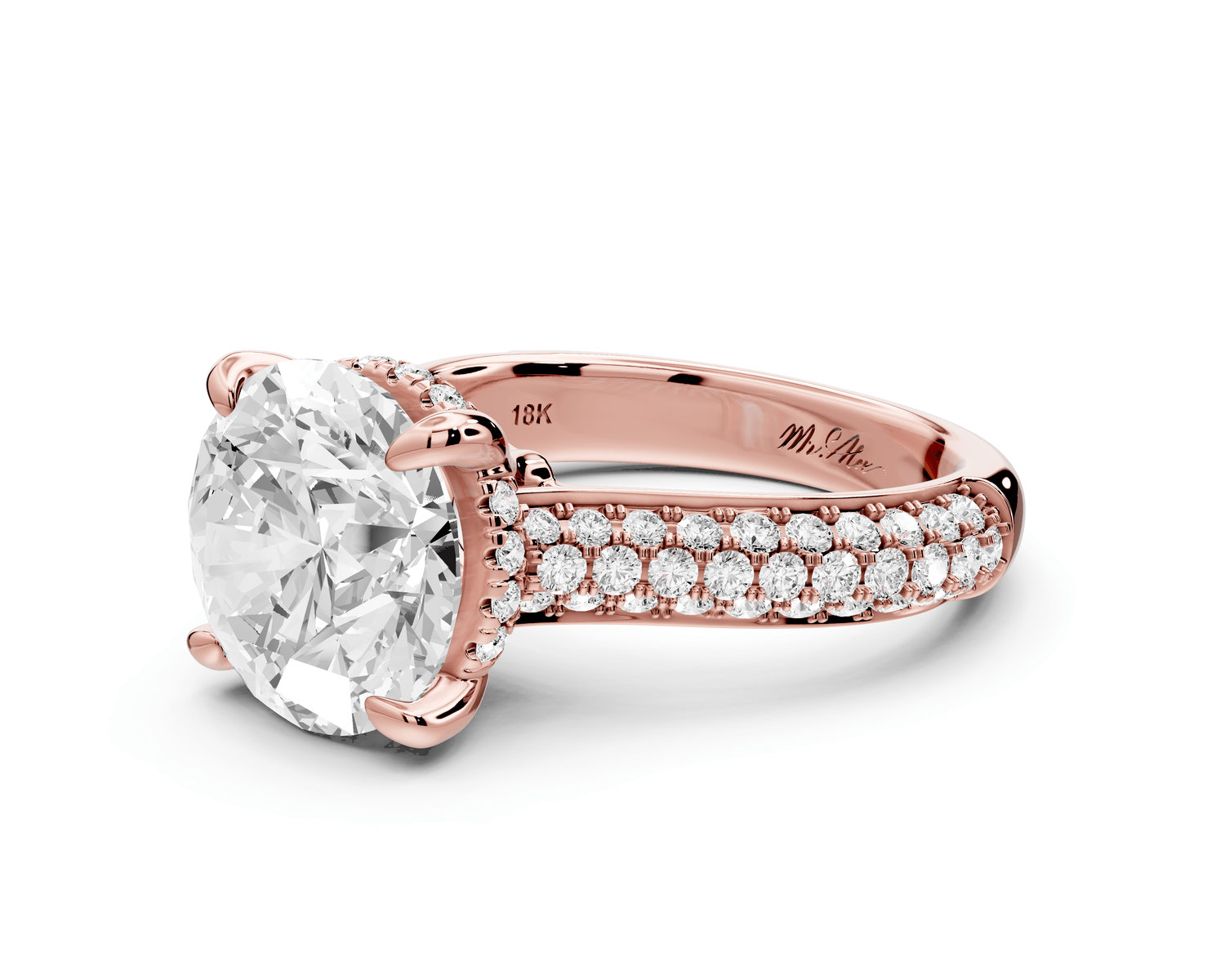 Camille - 4ct 18k rose gold round Diamond hidden halo rollover pave cathedral engagment ring - Mr. Alex Jewelry