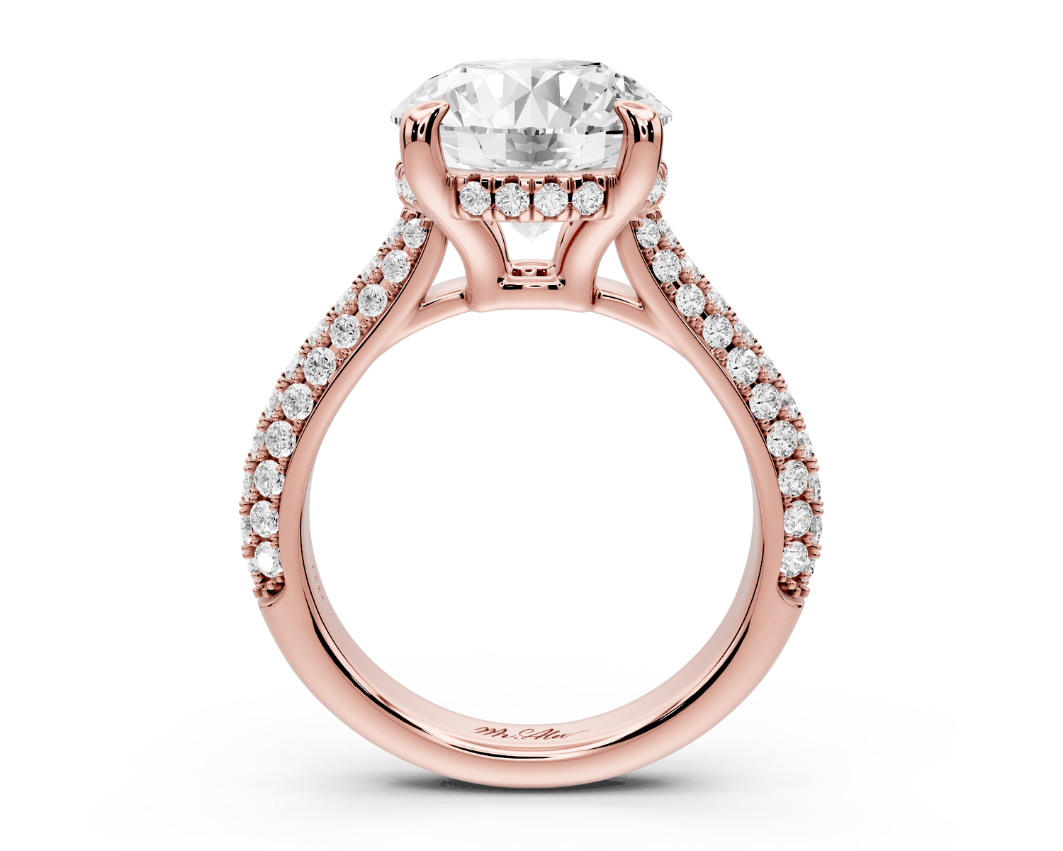 Camille - 4ct 18k rose gold round Diamond hidden halo rollover pave cathedral engagment ring - Mr. Alex Jewelry