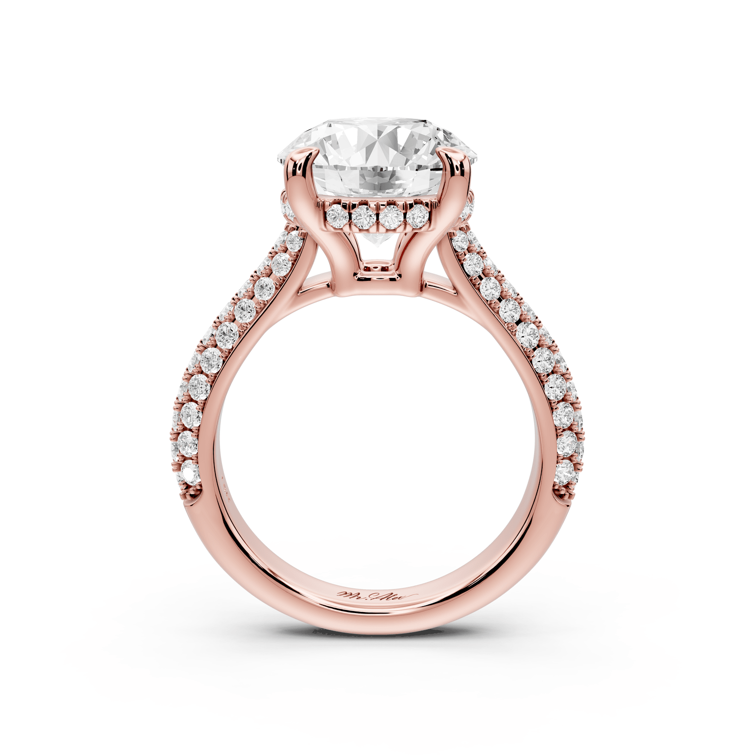 Camille - 4ct 18k rose gold round Diamond hidden halo rollover pave cathedral engagment ring - Mr. Alex Jewelry