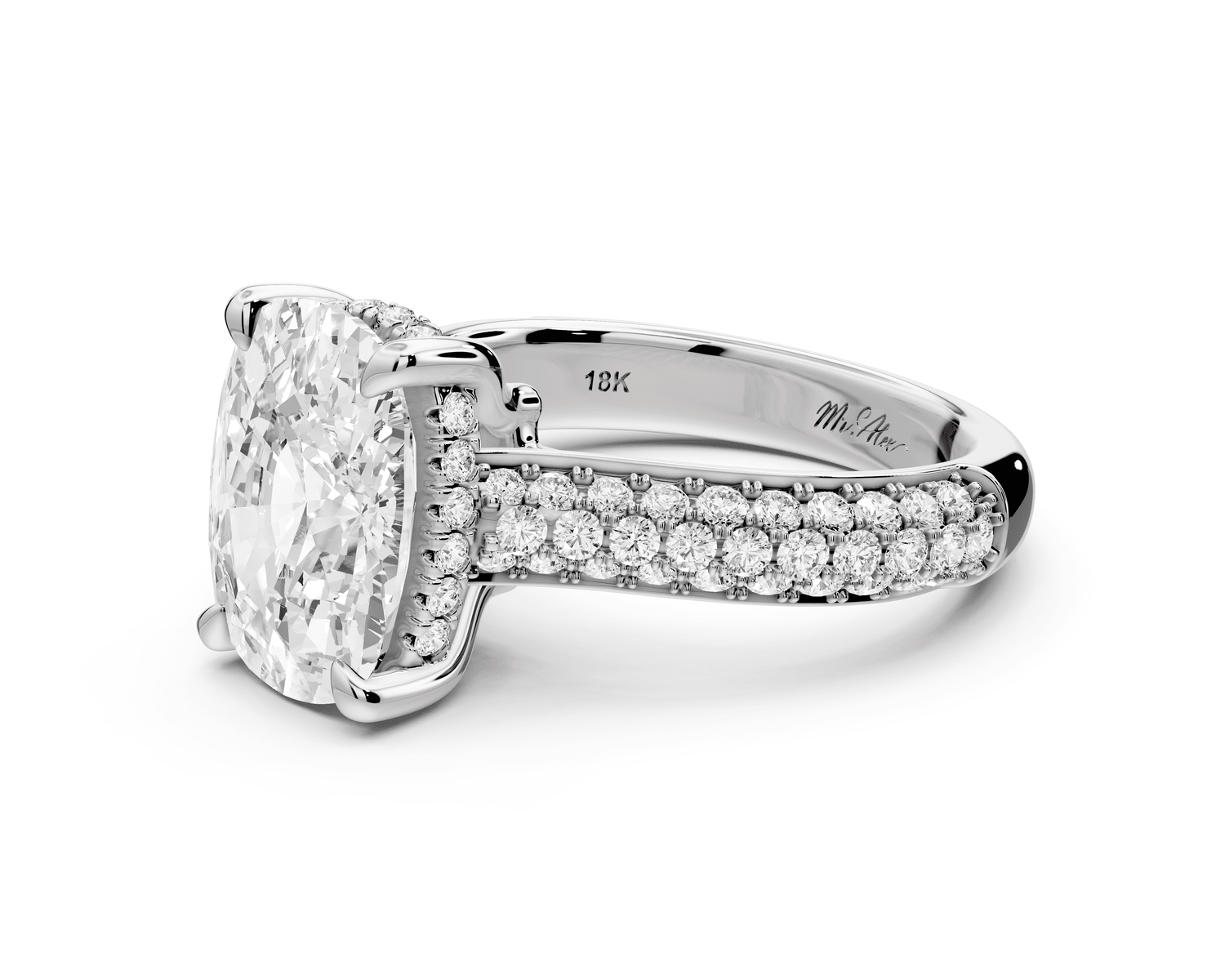 Camille - 4ct 18k white gold ecushion Diamond hidden halo rollover pave cathedral engagement ring - Mr. Alex Jewelry