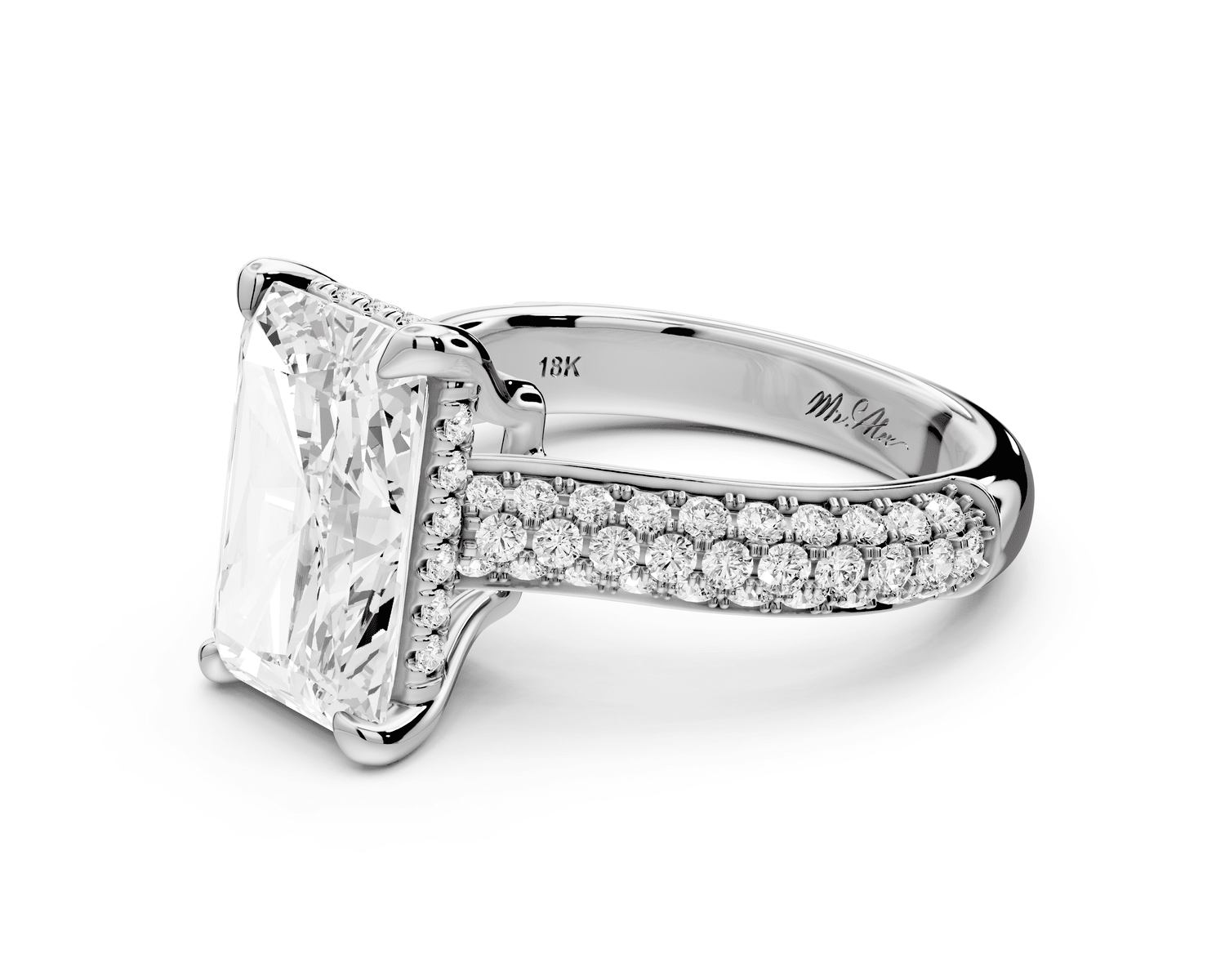 Camille - 4ct 18k white gold radiant Diamond hidden halo rollover pave cathedral engagement ring - Mr. Alex Jewelry
