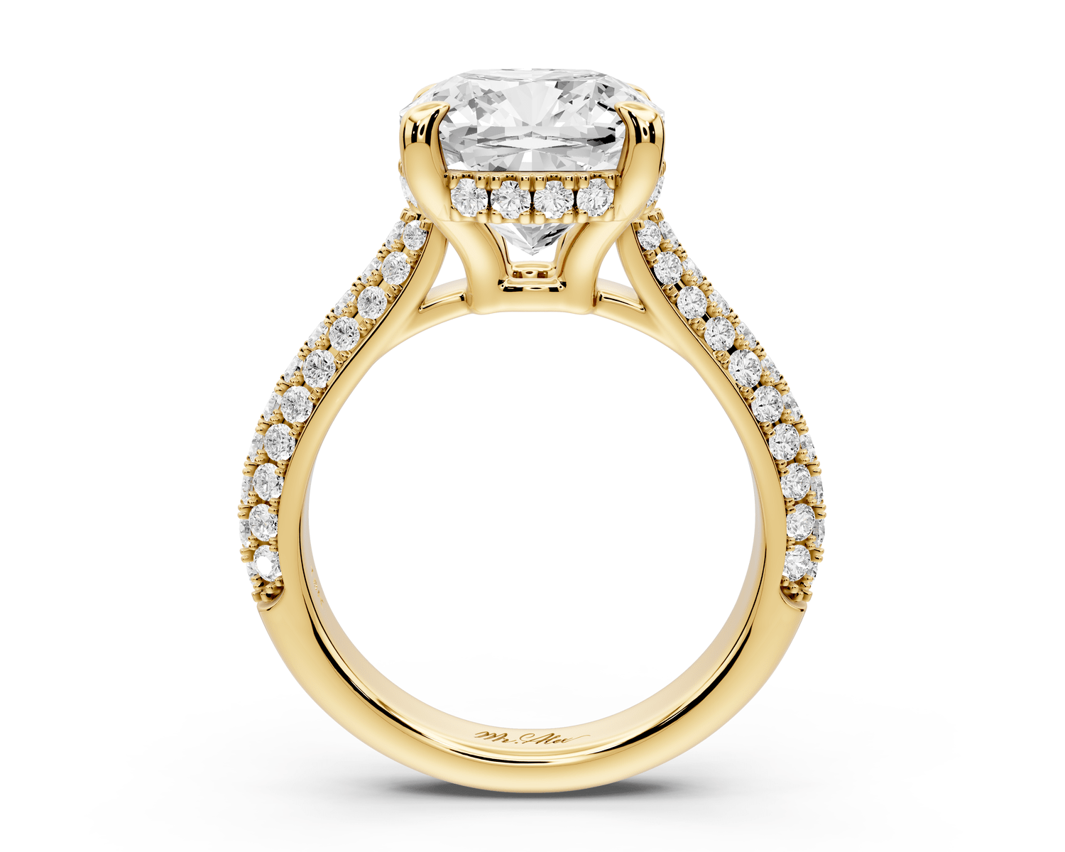 Camille - 4ct 18k yellow gold cushion Diamond hidden halo rollover pave cathedral engagement ring - Mr. Alex Jewelry