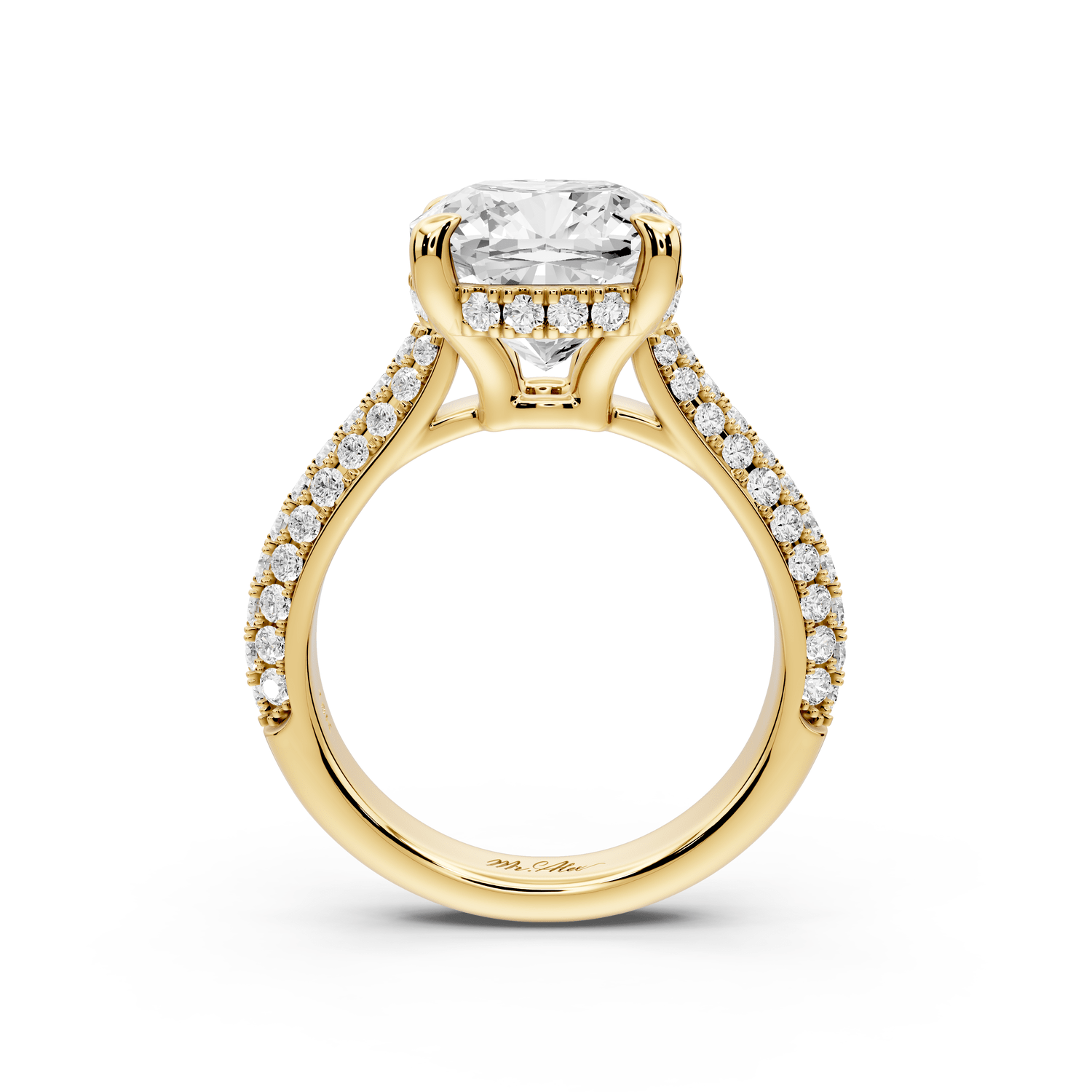 Camille - 4ct 18k yellow gold cushion Diamond hidden halo rollover pave cathedral engagement ring - Mr. Alex Jewelry
