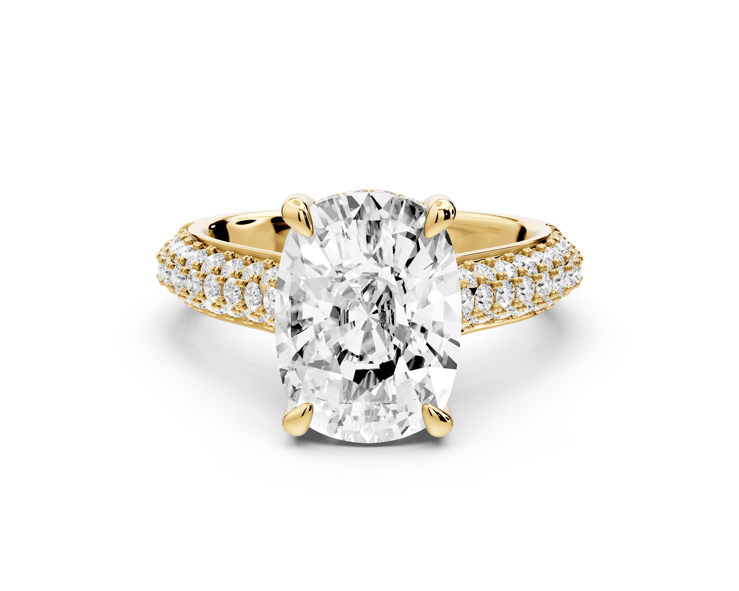 Camille - 4ct 18k yellow gold ecushion Diamond hidden halo rollover pave cathedral engagement ring - Mr. Alex Jewelry