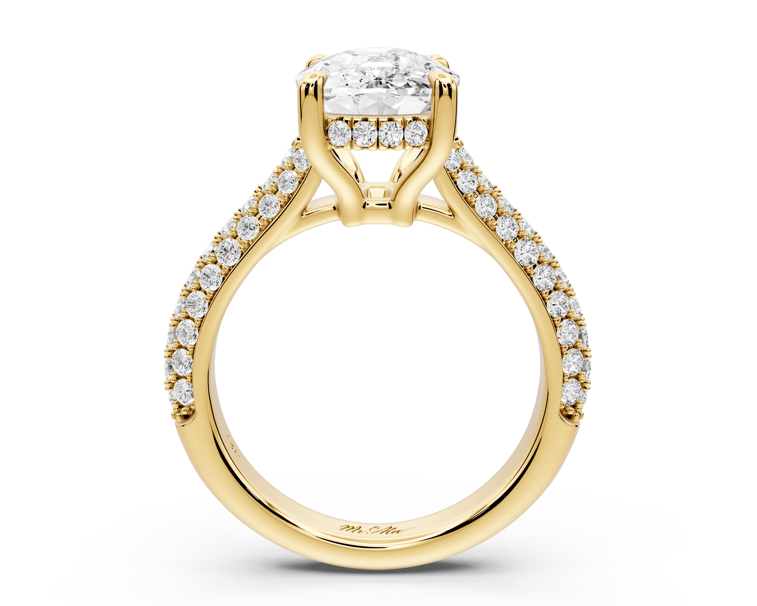 Camille - 4ct 18k yellow gold ecushion Diamond hidden halo rollover pave cathedral engagement ring - Mr. Alex Jewelry