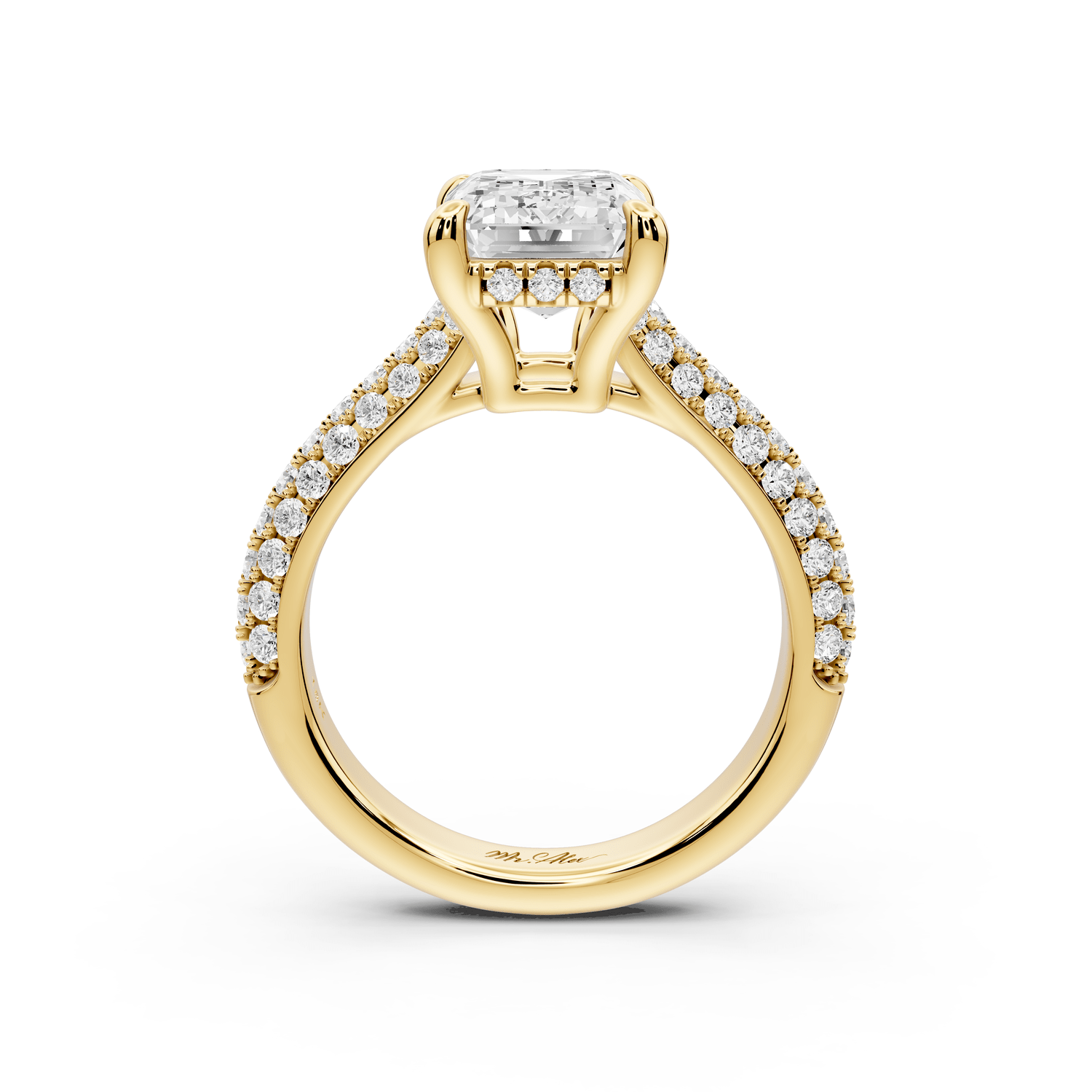Camille - 4ct 18k yellow gold emerald Diamond hidden halo rollover pave cathedral Engagement ring - Mr. Alex Jewelry