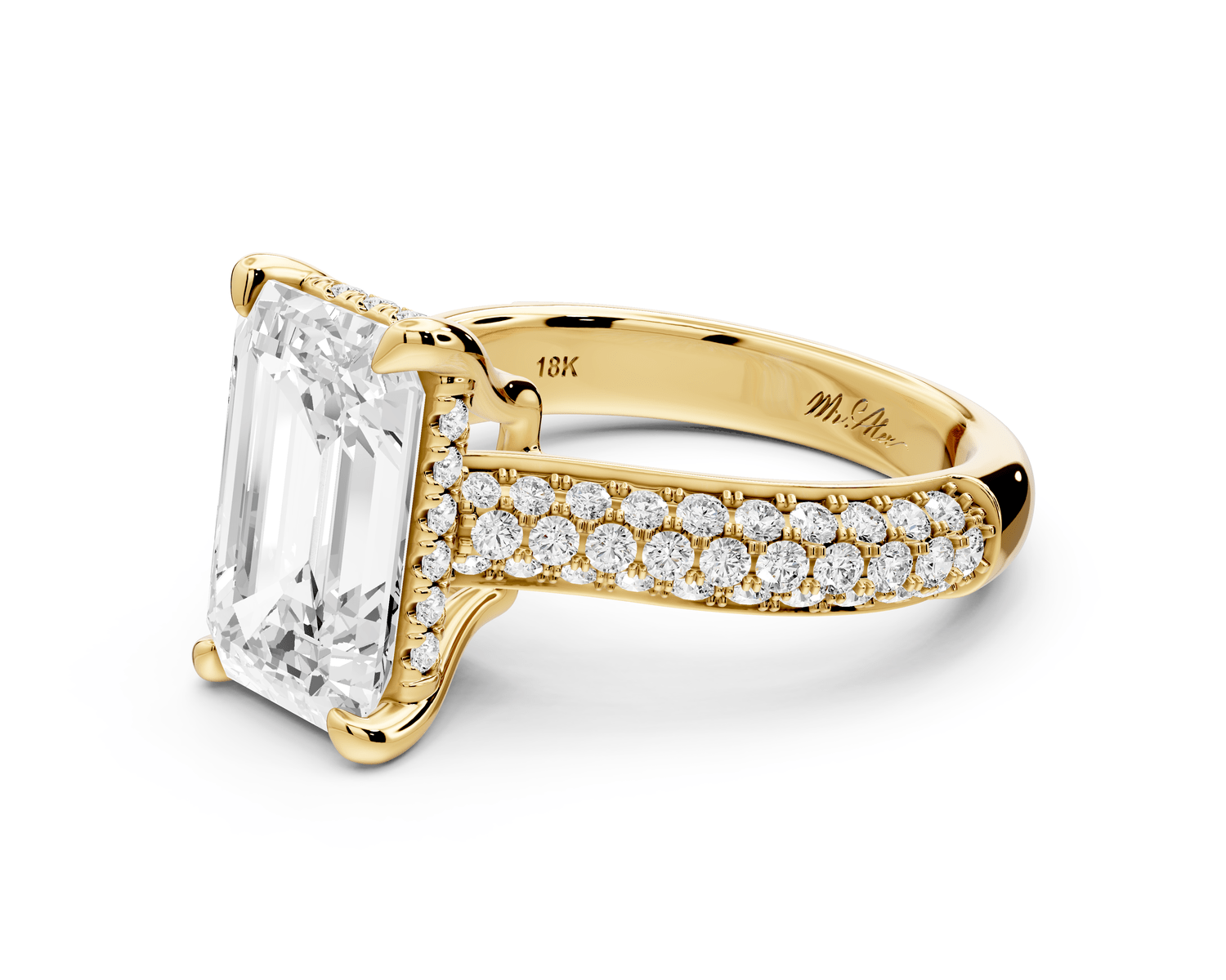Camille - 4ct 18k yellow gold emerald Diamond hidden halo rollover pave cathedral Engagement ring - Mr. Alex Jewelry