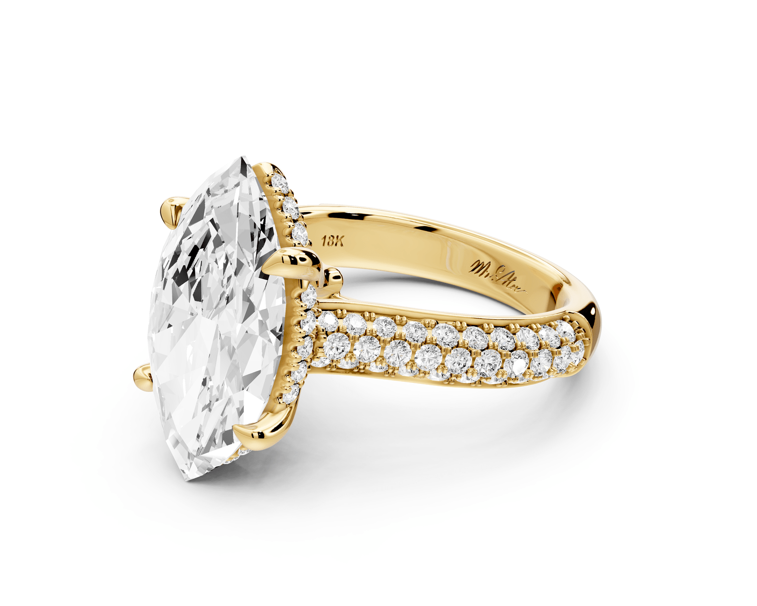 Camille - 4ct 18k yellow gold marquise Diamond hidden halo rollover pave cathedral engagement ring - Mr. Alex Jewelry