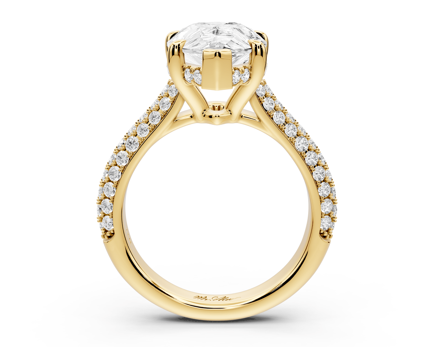 Camille - 4ct 18k yellow gold pear Diamond hidden halo rollover pave cathedral Engagement ring - Mr. Alex Jewelry