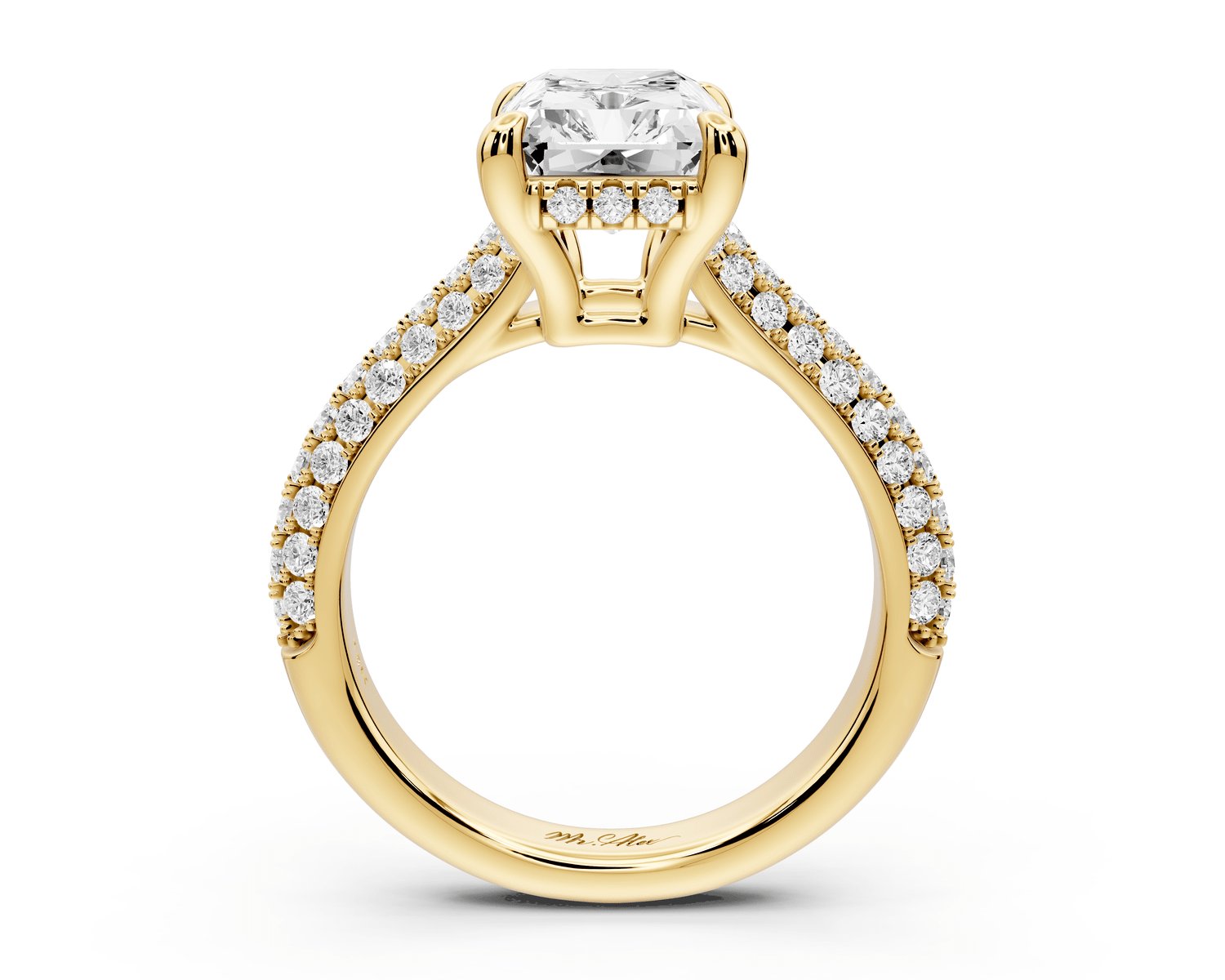 Camille - 4ct 18k yellow gold radiant Diamond hidden halo rollover pave cathedral engagement ring - Mr. Alex Jewelry