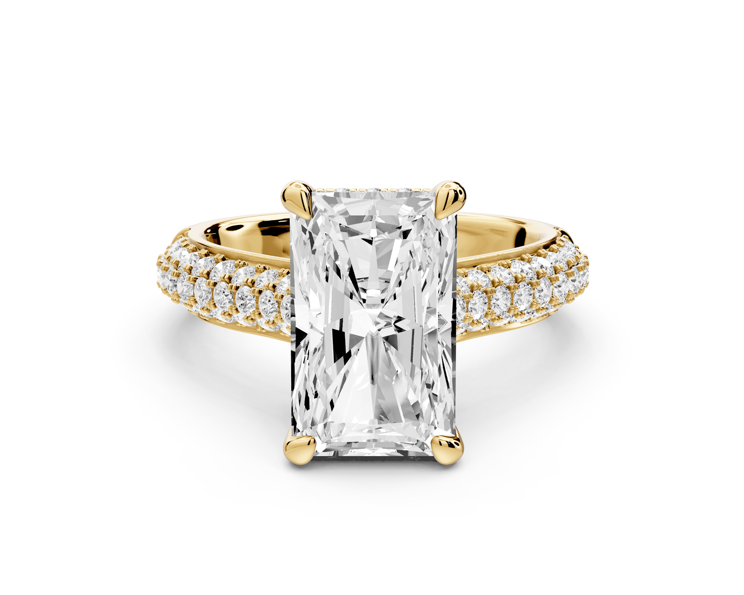 Camille - 4ct 18k yellow gold radiant Diamond hidden halo rollover pave cathedral engagement ring - Mr. Alex Jewelry